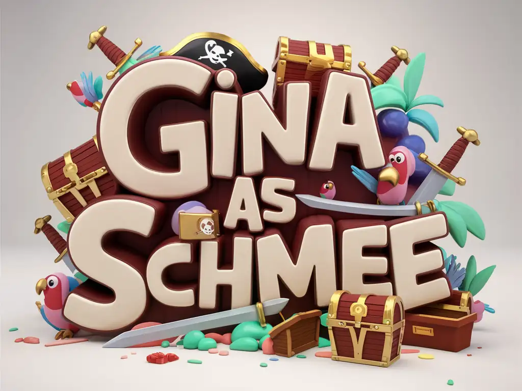 Whimsical 3D Render of Gina as Schmee Surrounded by Pirate Imagery