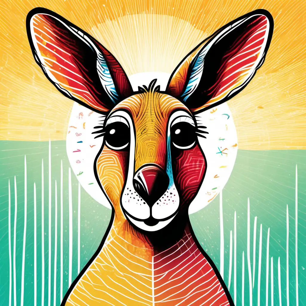 /imagine kids illustration, Kangaroo face,  Thick Lines, low details, vivid colour --ar 9:11