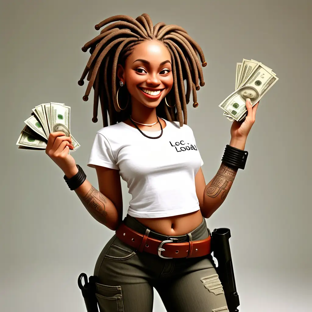 imagine an ethnic imagine an ethnic woman with locs that are long on one side and short bobbed cut on the other she has a white t-shirt with words "Loc'd & Loaded." With a sexy  smile holding money with a gun in holster on her hip.