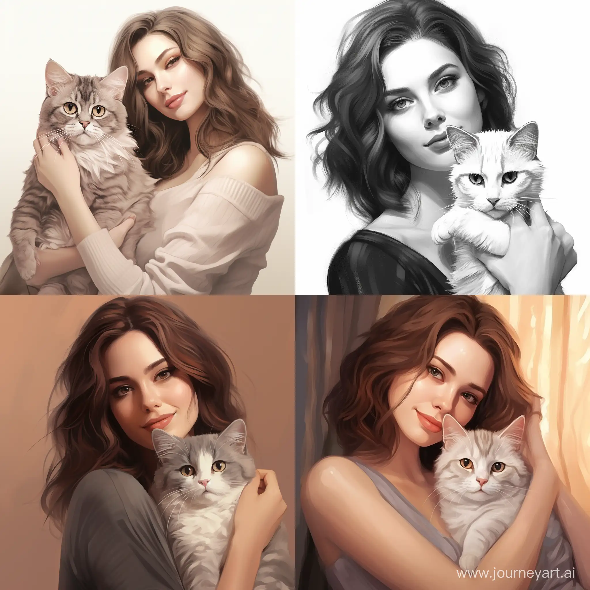  Draw a beautiful woman holding an American shorthair cat