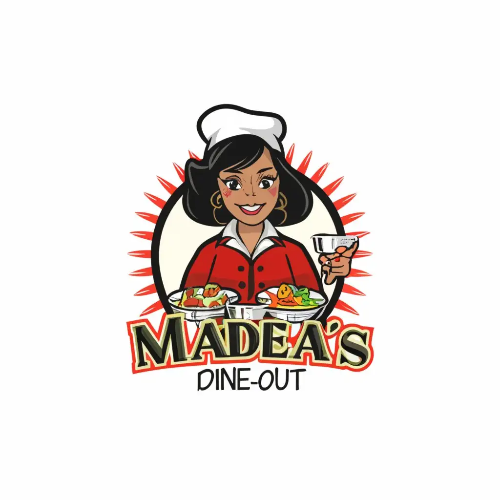 a logo design,with the text "Madea's Dine-Out", main symbol:black cartoon lady with short hair 
holding soulfood plates,Moderate,be used in Restaurant industry,clear background