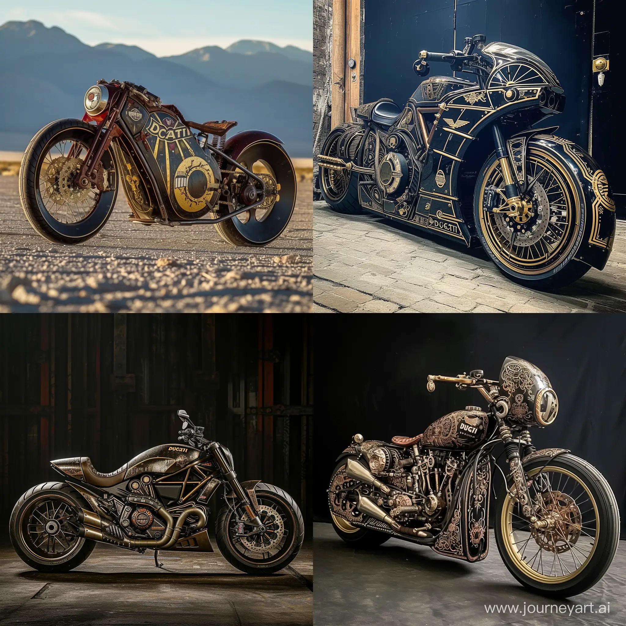 Make a Ducati mnotorcycle inspired by Mad Max and vintage circus elements in a art deco style