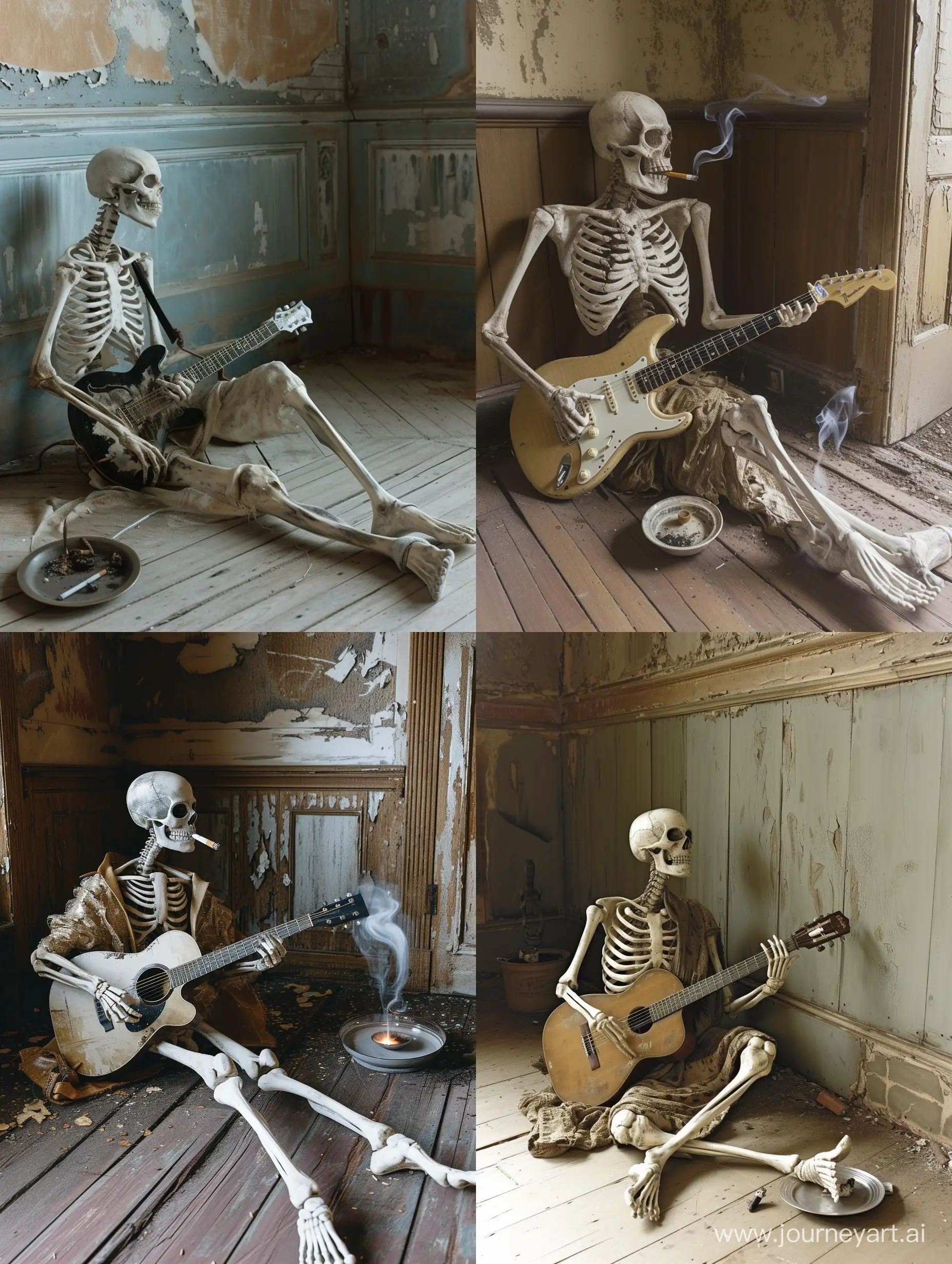 Saturated photo of a skeletal figure,
sitting on the worn-out floor of a run-down house.

The walls and wooden floor bear traces of old paint,
most of it chipped off, revealing the passage of time.

His legs are crossed Indian style and he’s wearing grunge clothes .

In his bony fingers, he holds a guitar,
strumming the strings with an ethereal melody,
filling the dilapidated space with haunting music.

Beside him, an ashtray holds a burning cigarette,
its smoke intertwining with the air,
creating an atmosphere of nostalgia and introspection.

This image captures the essence of raw emotions,
the juxtaposition of decay and creativity,
inviting viewers into the world of forgotten dreams,
where music serves as a balm for the weary soul.

Unlikely collaborators:
Kurt Cobain, the iconic grunge musician,
David Lynch, the filmmaker known for surreal and atmospheric storytelling,
Anton Corbijn, the photographer capturing the essence of music and subcultures,
Sarah Burton, the fashion designer blending darkness and romanticism,
Tarsem Singh, the director known for his visually stunning and symbolic films. 