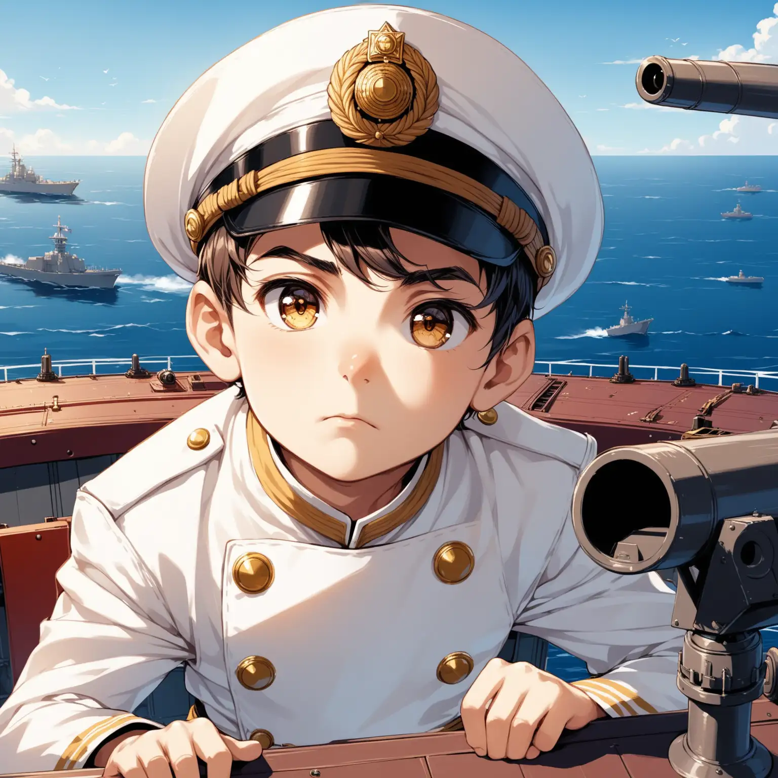 10 years old warrior boy, on the IRIS Deylaman warship's deck, serious and cute face, monitoring anti-aircraft cannon, wearing white clothes of ship captain's outfit, Persian face, smaller eyes, bigger nose, white skin, brown eyes.