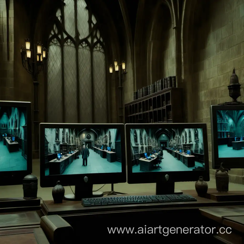 monitors with security cameras at Hogwarts in Dumbledore's office