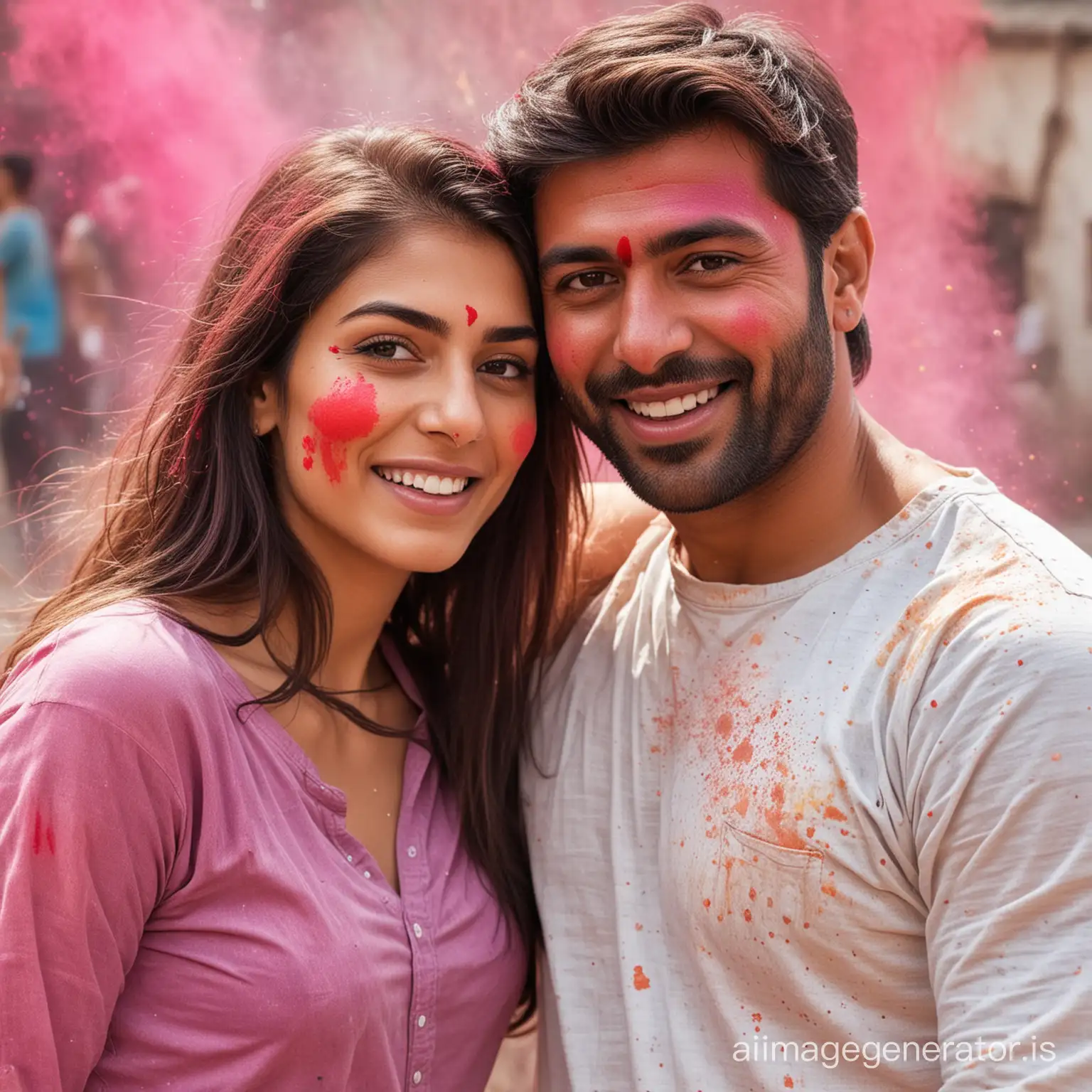 a handsome man without beard and a beautiful women playing holi