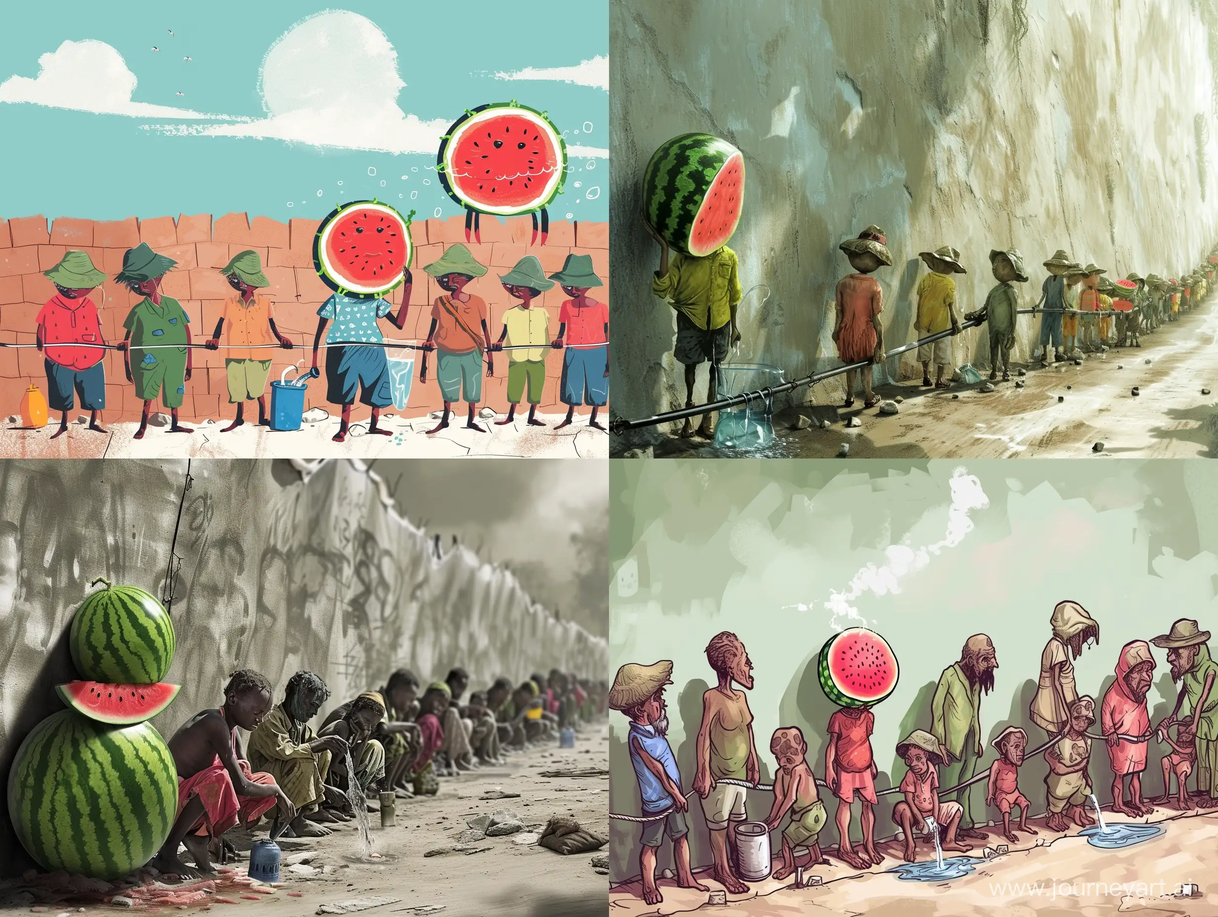 Poor People with watermelon head in a poverty line getting water