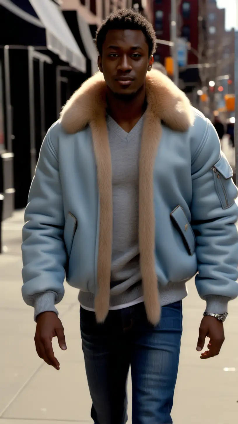 Attractive, Young, Black, man, wearing Tan, Fox fur bomber, powder Blue, v neck, sweater, Navy, denim Jeans, walking, downtown Brooklyn NY, afternoon, light source angle is down, from front left, Ultra4k, high definition, 