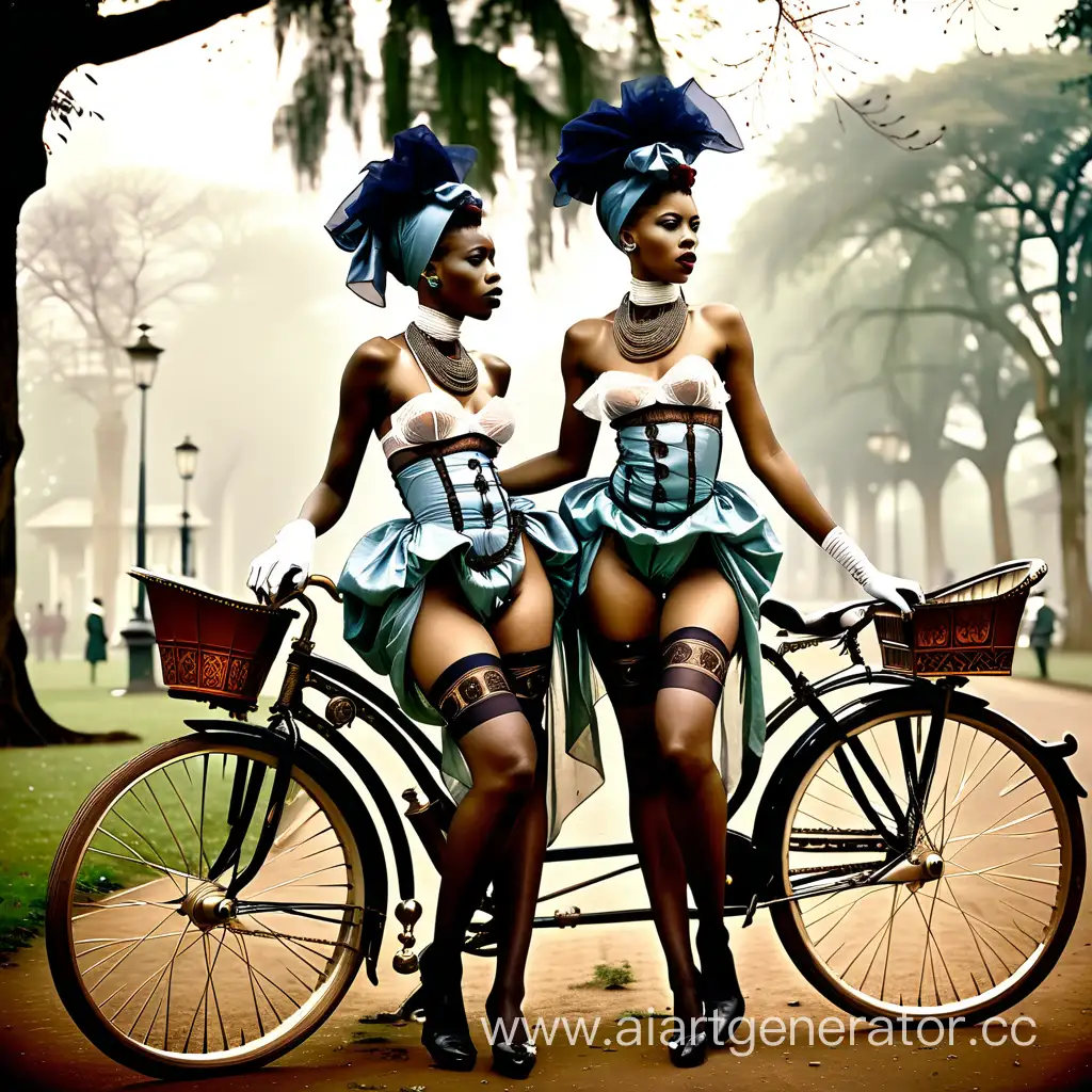 Beautiful half-naked African women on expensive antique bicycles, in silk stockings on belts and pantaloons, in very long luxurious dresses with African ornaments and fashionable African headscarves. She look to the right and down. All this is against the background of the English regular park. The end of the 19th century. Direct omni  light. Fog. Evening. Everything is designed in the style of vintage black and white photographs.