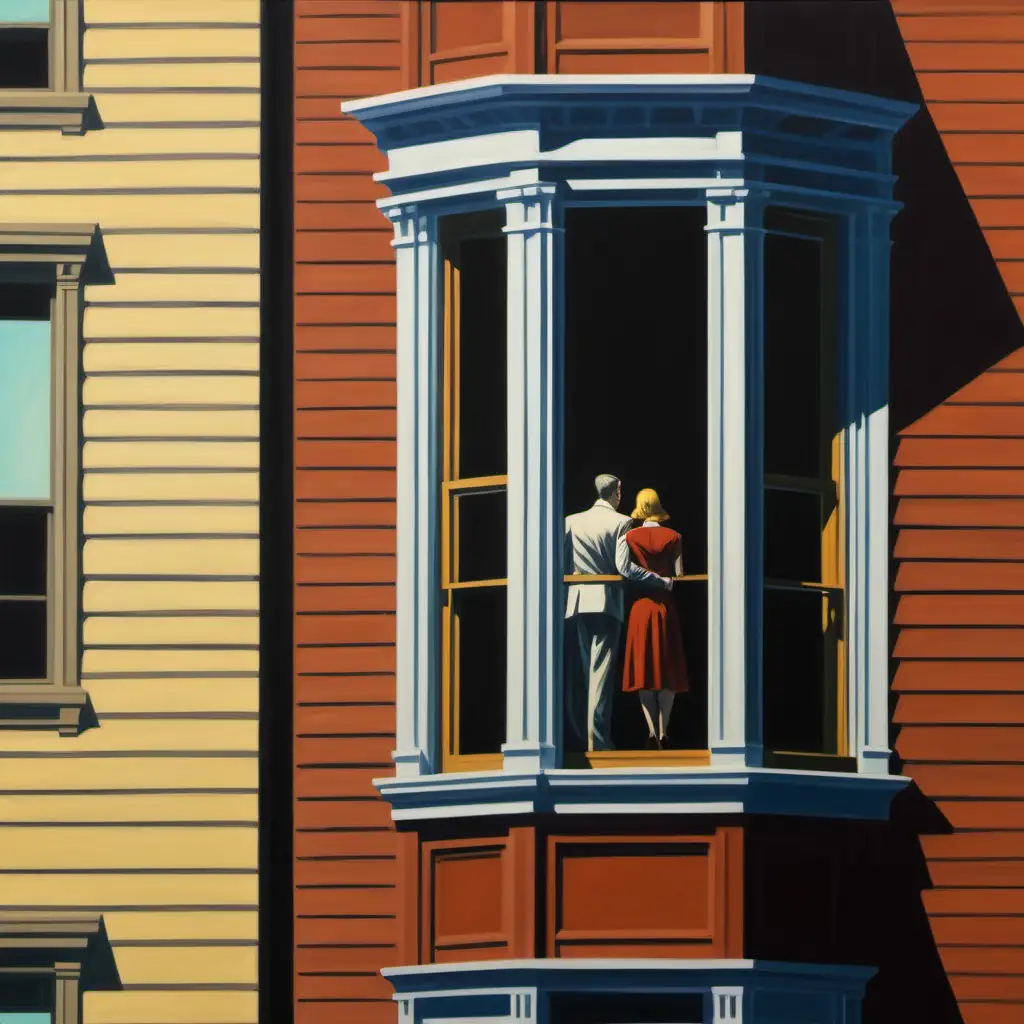 edward hopper style with detail of couple looking out to street, without backs facing the window, in one apartment window showing  the height 4 story building. Couple must be facing out the window