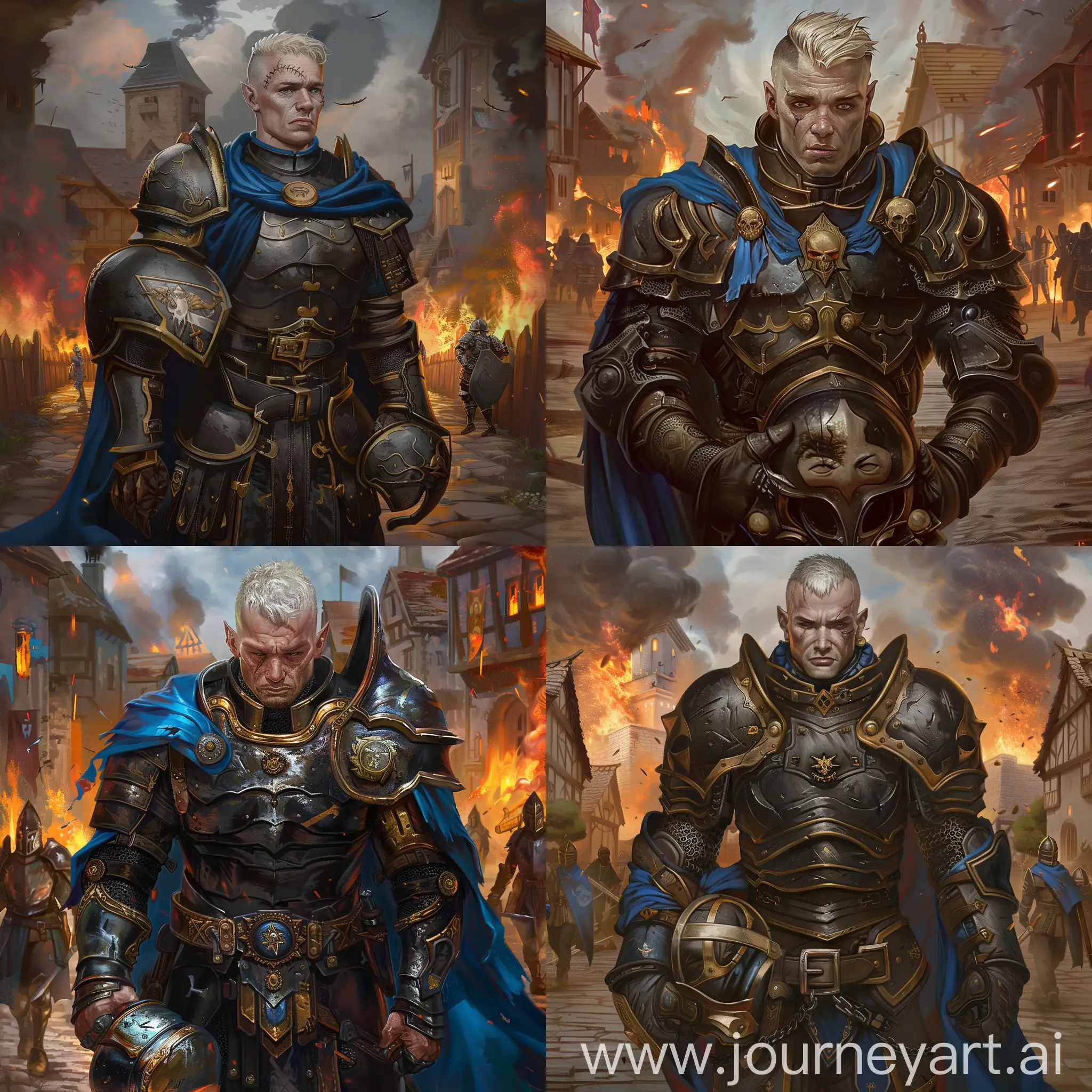 Draw a realistic art of character from the "Pathfinder: Wrath of the Righteous" video game according to the following description: 
He is a tall athletic human paladin. He has pale blond hair with medieval monk haircut. His rugged face of a grizzled veteran is clean shaven. He has a large scar over his face.
He wears a full suit of paladin plate armor with helmet in his hands. Armor is black with gold trim, with blue cape over the shoulders.
He has a mournful expression while making his way through a burning village on the background