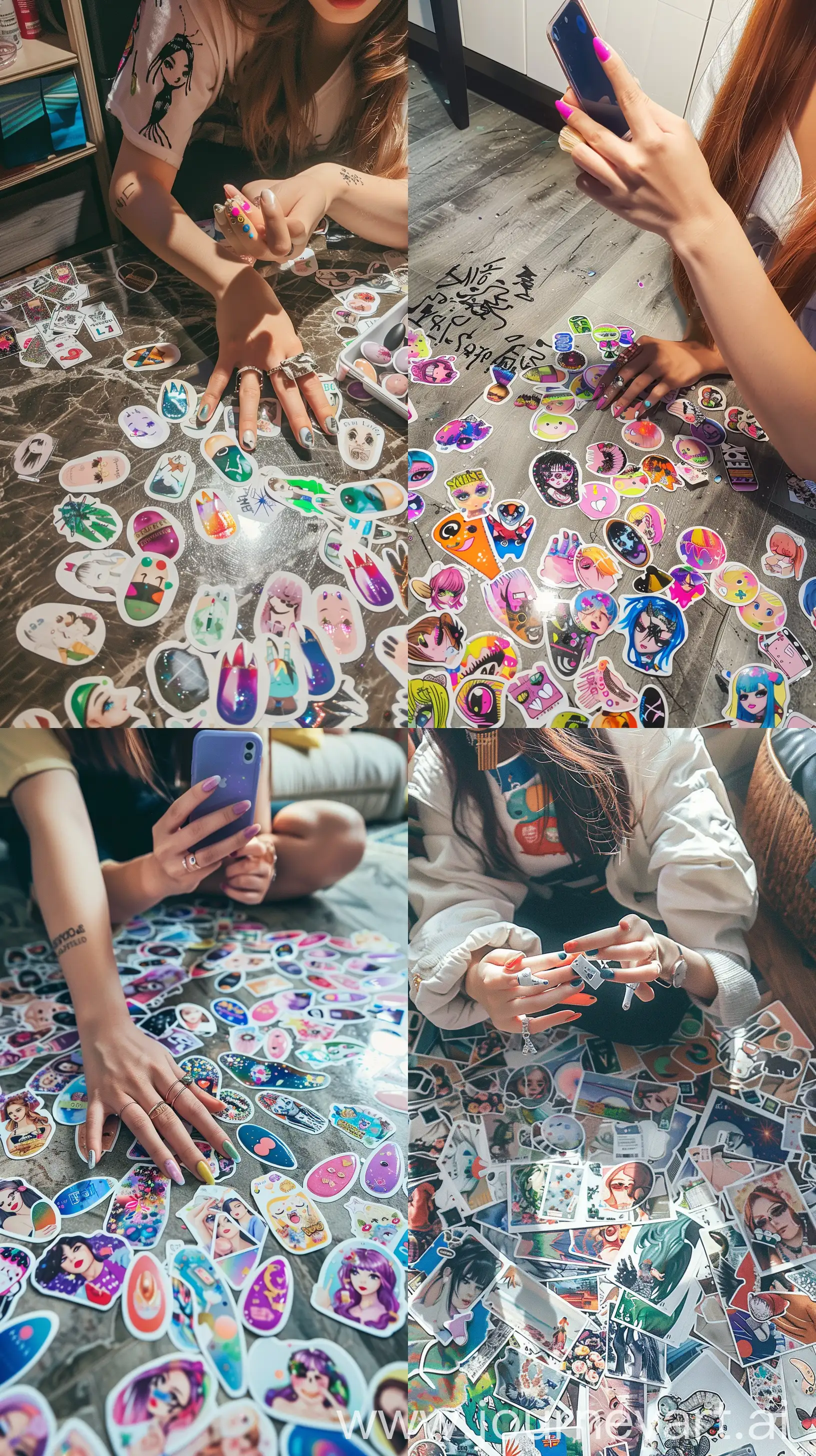 a girl take a photo of her hand with a nail ast and many anike stickers on the floor --ar 9:16