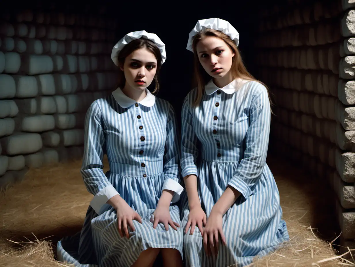 Two busty prisoner woman (20 years old, same dress) sit on hay on the ground (far from each other)in a dungeoncell (Stone walls) in dirty ragged blue-white vertical striped longsleeve midi-length buttoned gowndress(smallshortbonnet, collarless, roundneck, sad and desperate), look into camera, warm colors