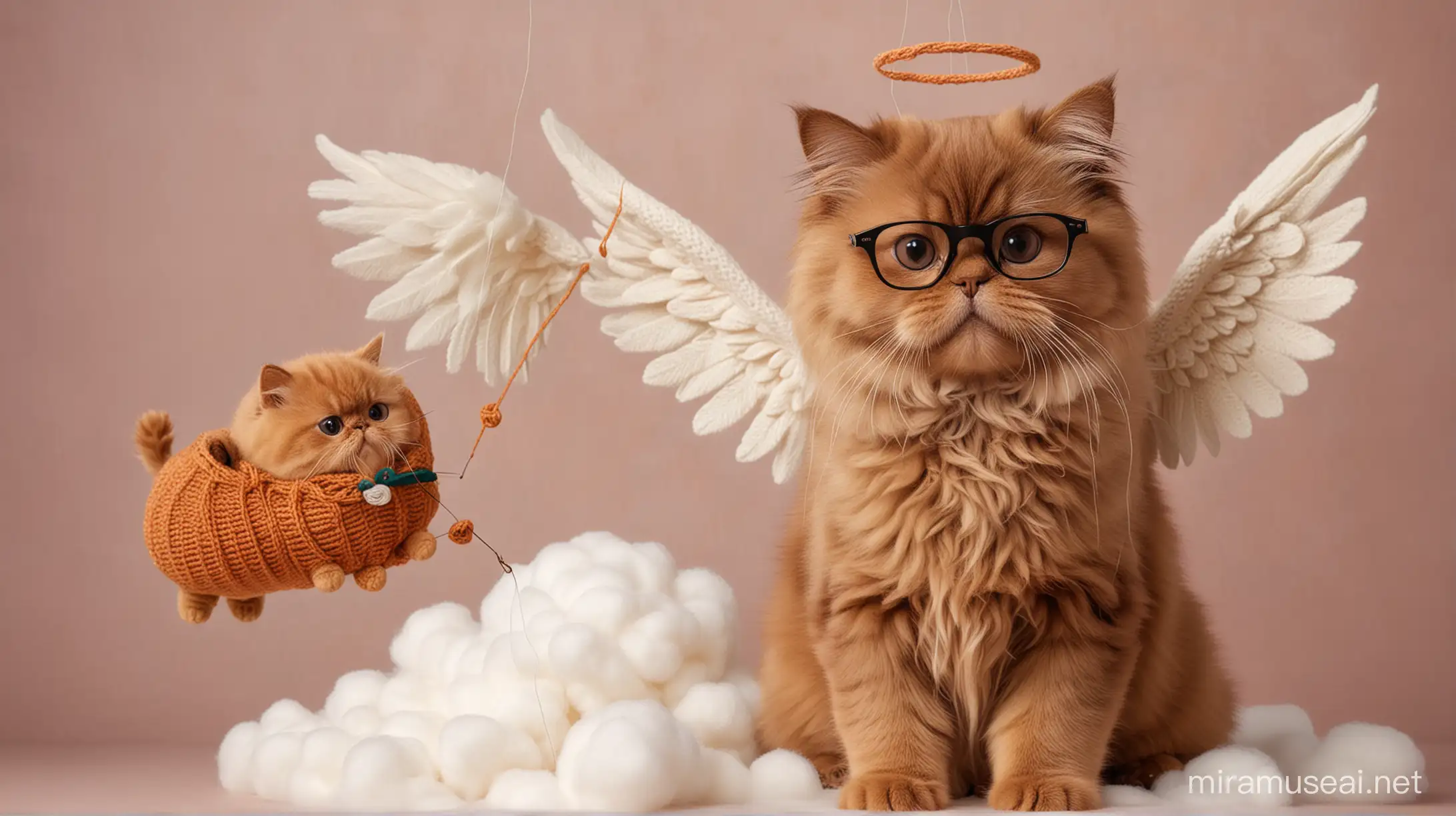 Angel Knitting on Cloud with Winged Persian Cat