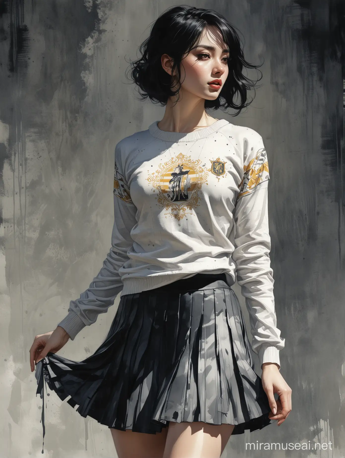 Sultry Sun Zhenni in Hogwarts Sweater and Pleated Skirt Illustration