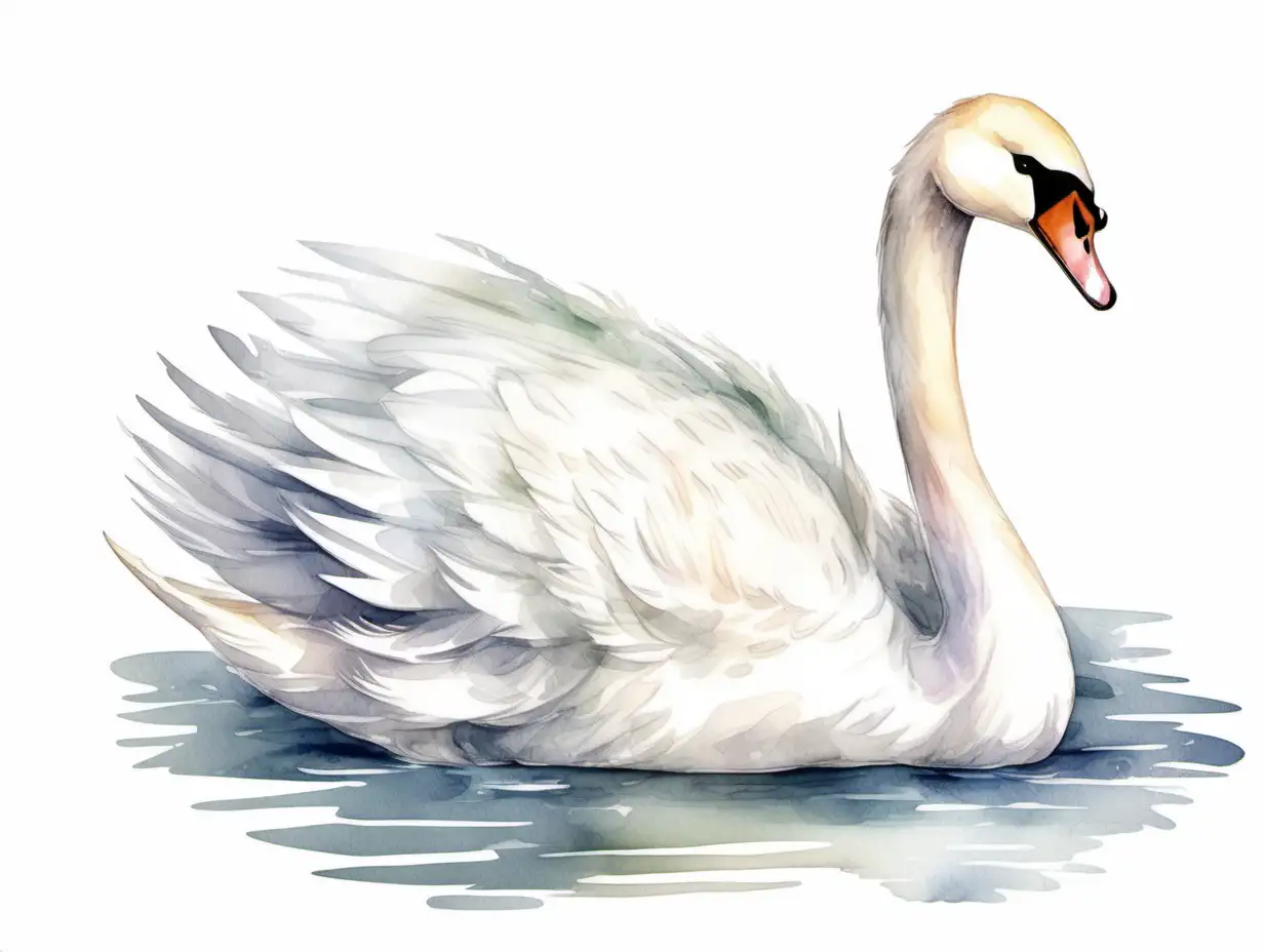 cute feathery white swan, isolated on a transparent white background, watercolor  children's book illustration style, no background