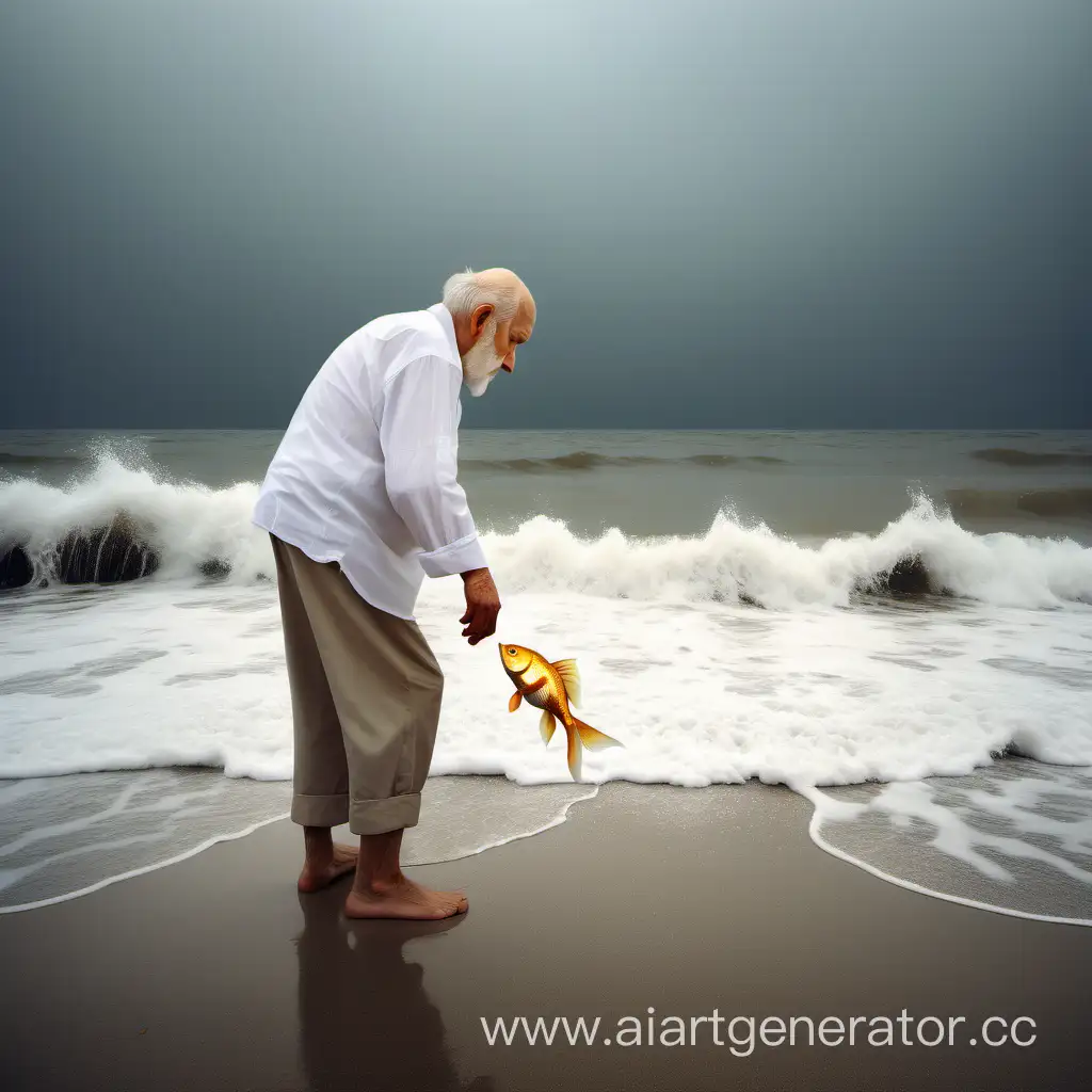 Elderly-Man-Bowing-to-Majestic-Golden-Fish-by-the-Seashore