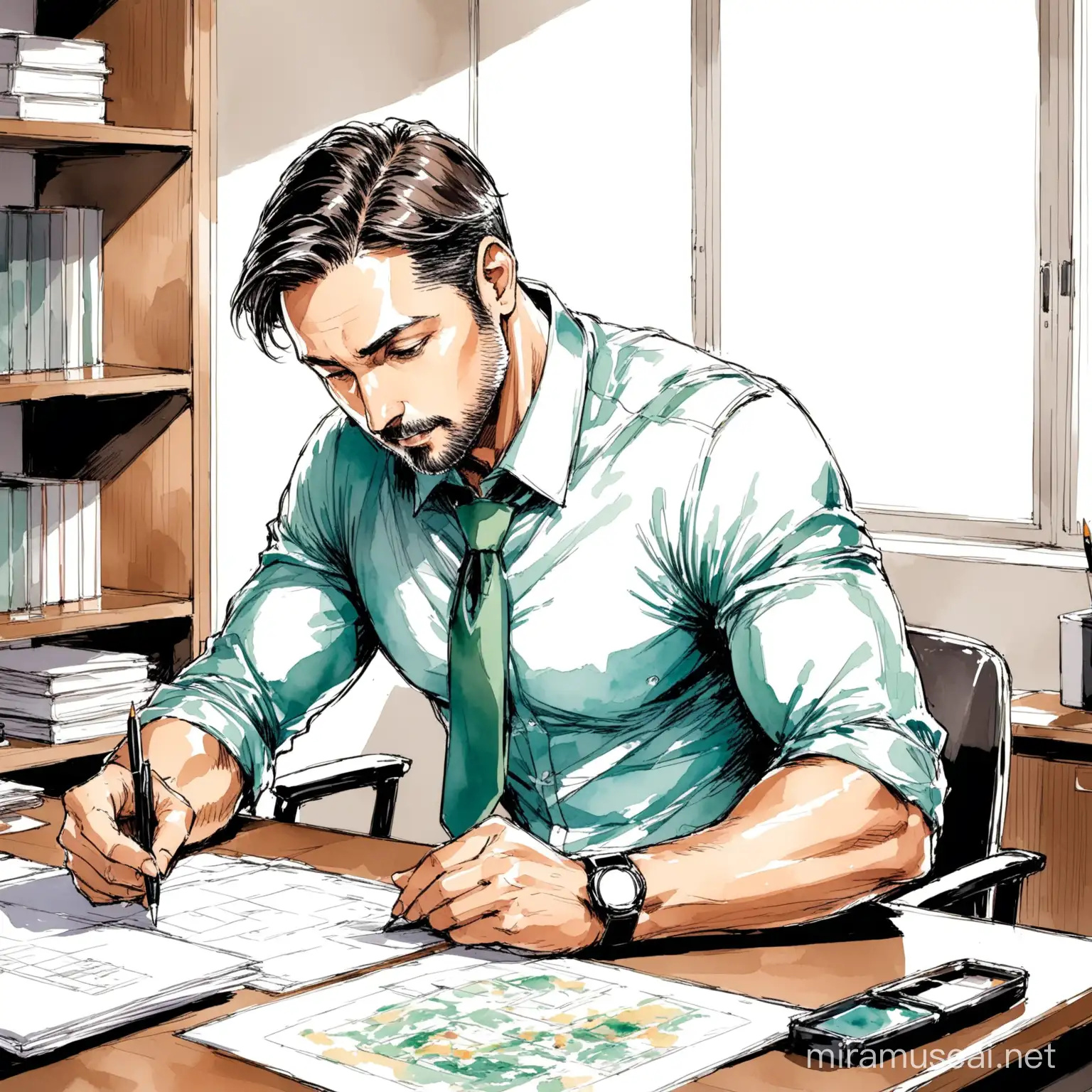 an image of a young father with athletic body wearing office outfit with an army cut in his 40s in his office desk busy doing office works. Ensure that the image is in a sketch type and water color.
