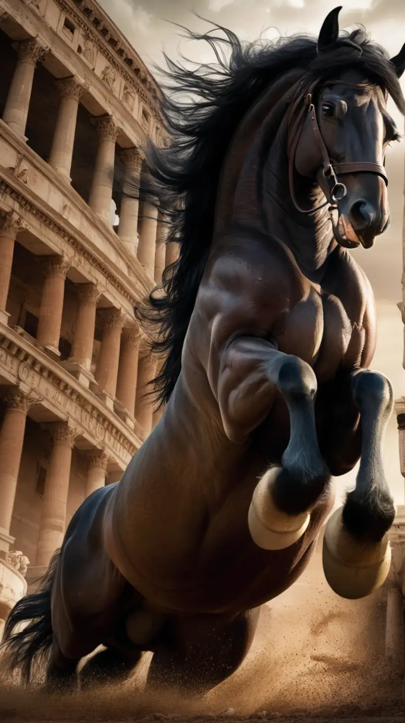 in ancient rome the horse is angry and the picture is dark