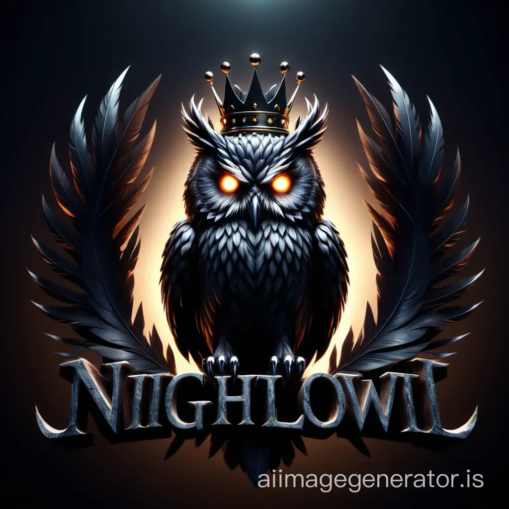 логотип с ночной злобной совой, темные перья, светящиеся глаза, корона, детализация, сила, темный фон, 3D иллюстрация, HD, реализм, 3D графика