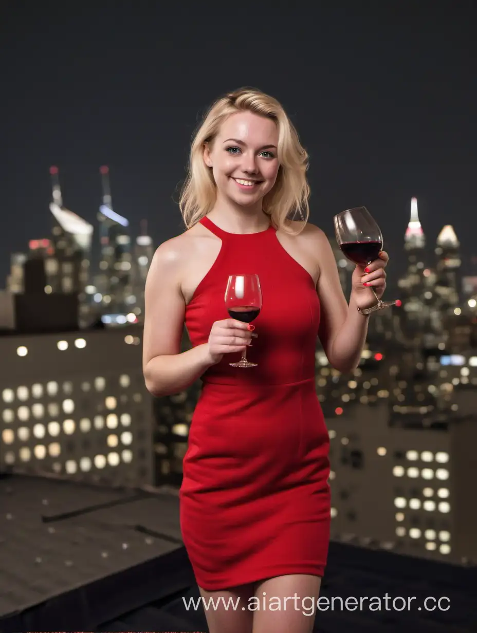 a blonde scottish 25 years old woman in a  tight red dress and high heels, holding a glass of wine and her phone. she stands on a rooftop, with the skyline of a city at night in the background. She is smiling at the camera