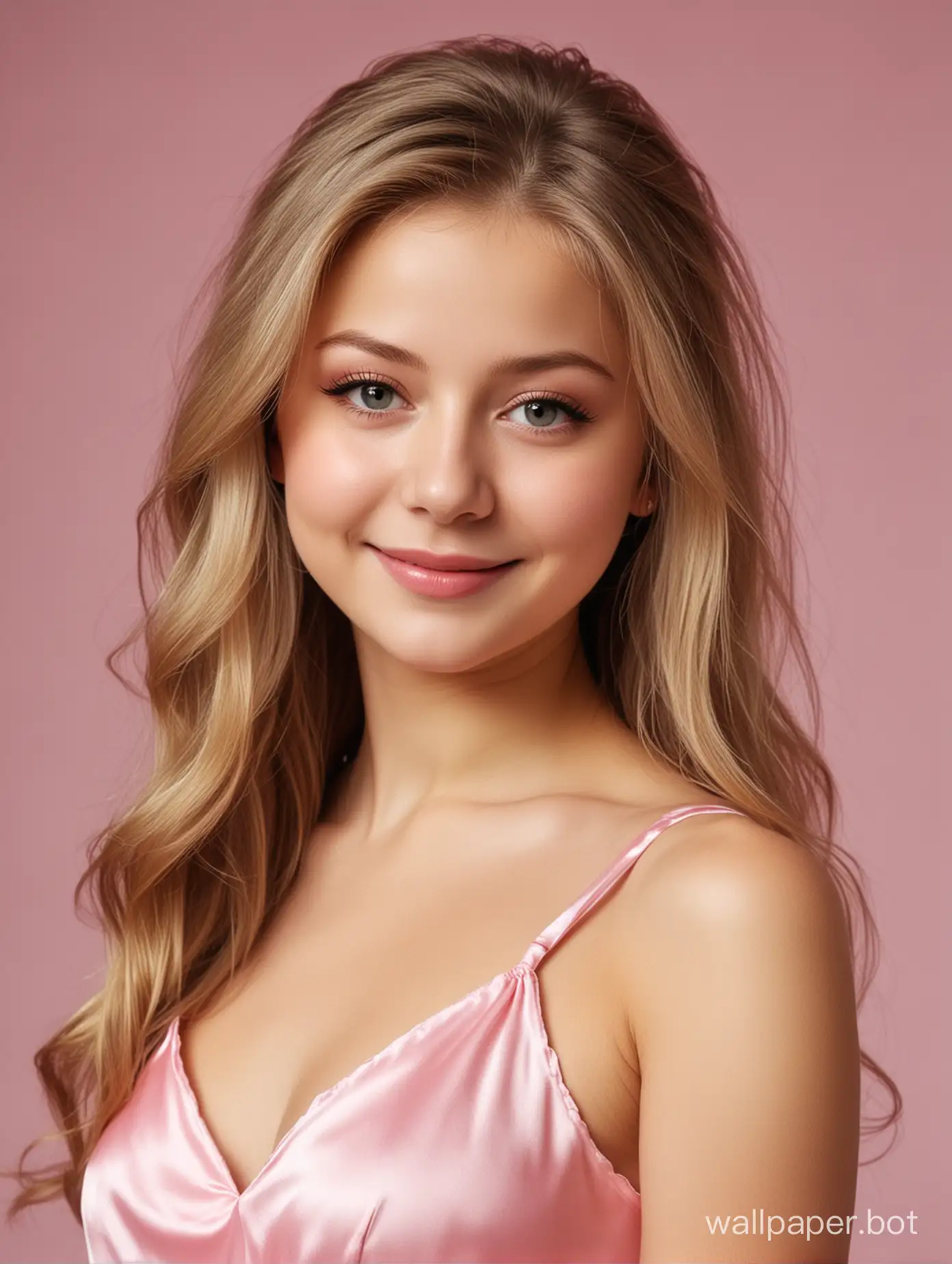 Sweet Yulia Lipnitskaya with long silky hair in a pink silk slip dress smiles