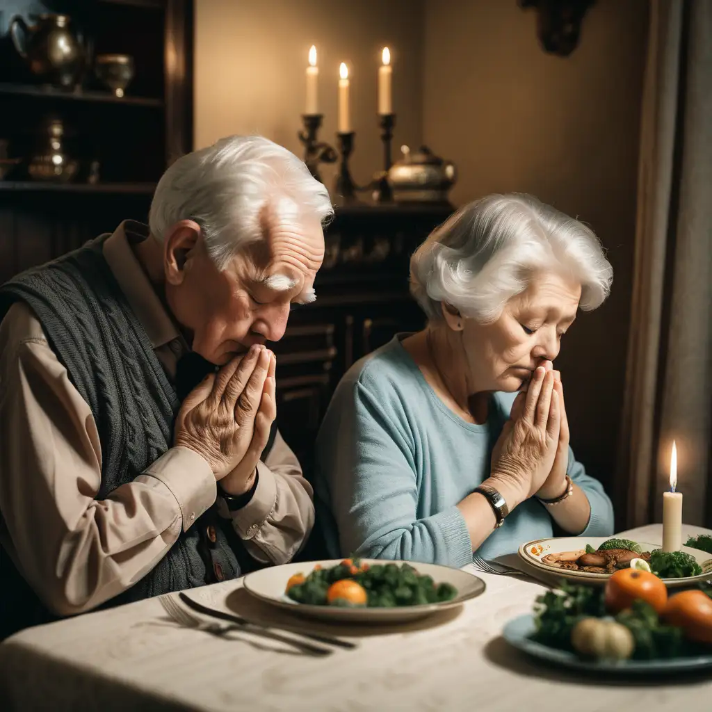 Devoted Elderly Couple Sharing a Heartfelt Prayer at Dinner