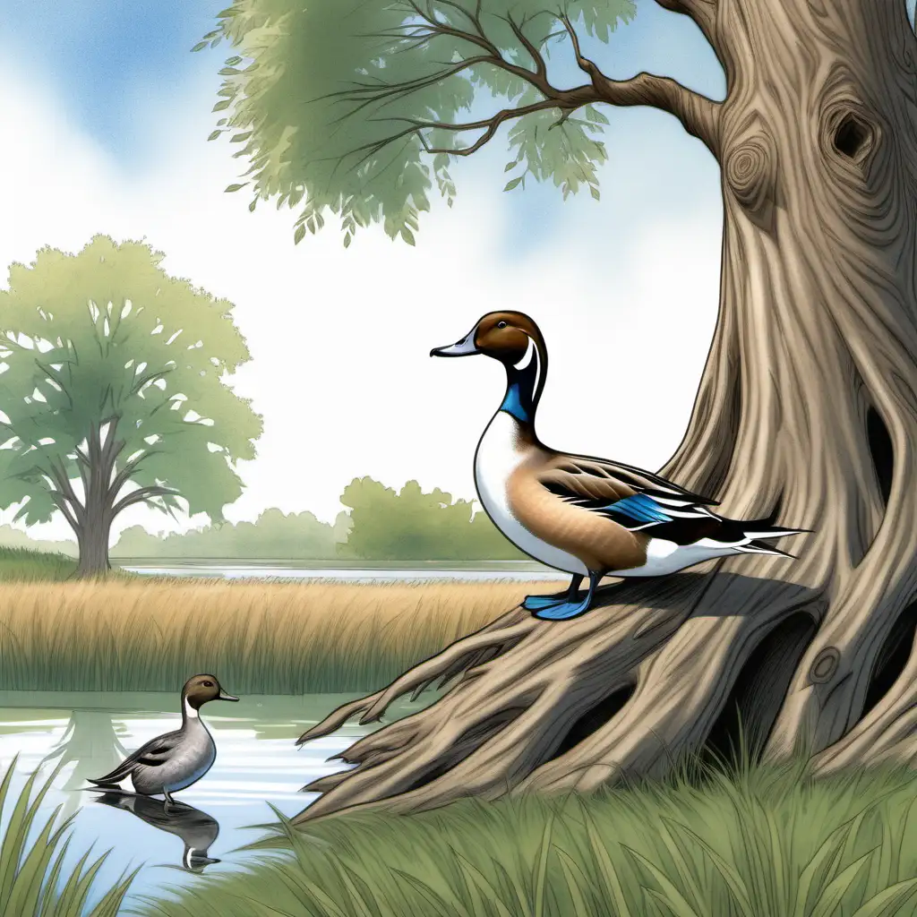 Illustration: Northern Pintail Duck standing by a large tree. There is grass beside him, then a pond beyond a patch of grass.  Sitting on a limb above him is a blue bird. 