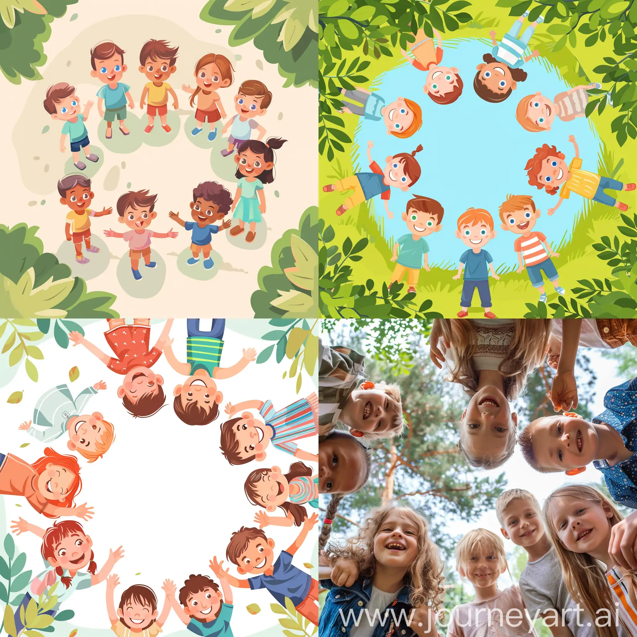 Group of happy kids standing in circle together looking up at the camera in the summer park, in flat style