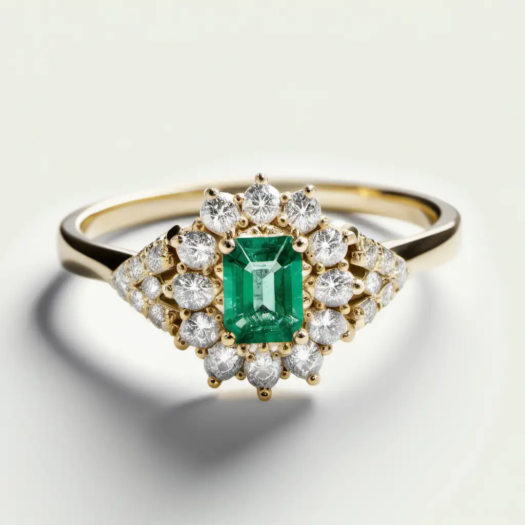 bridal engagement ring with diamonds and a emerald shaped diamond cluster in centre. In gold