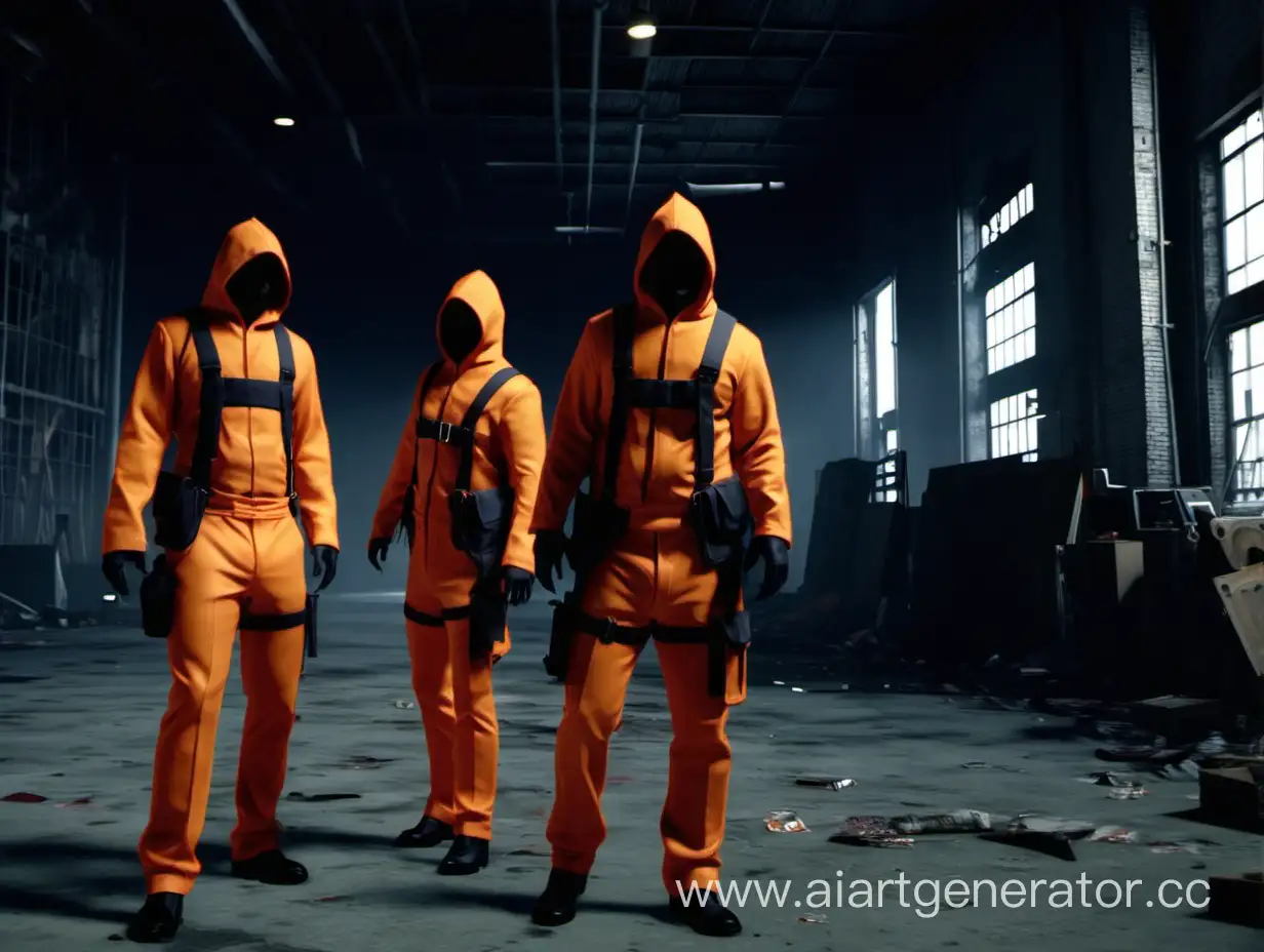 Сделай превью для видео о игре Lethal Company где три человека в оранжевых костюмах изучают заброшенный завод 
