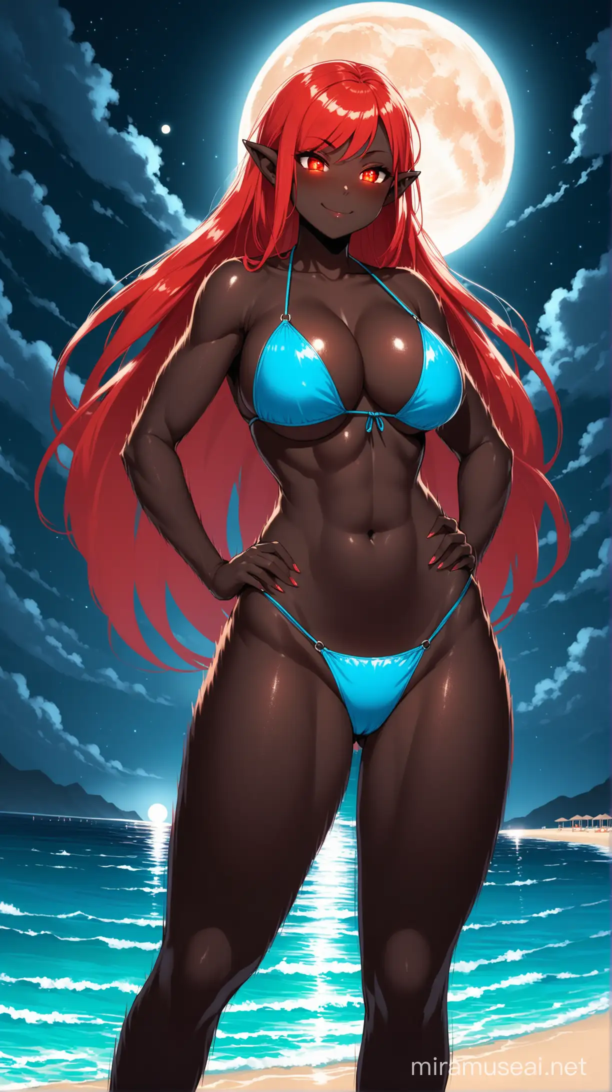 Giantess with Glowing Red Eyes and Blue Bikini on Beach at Night