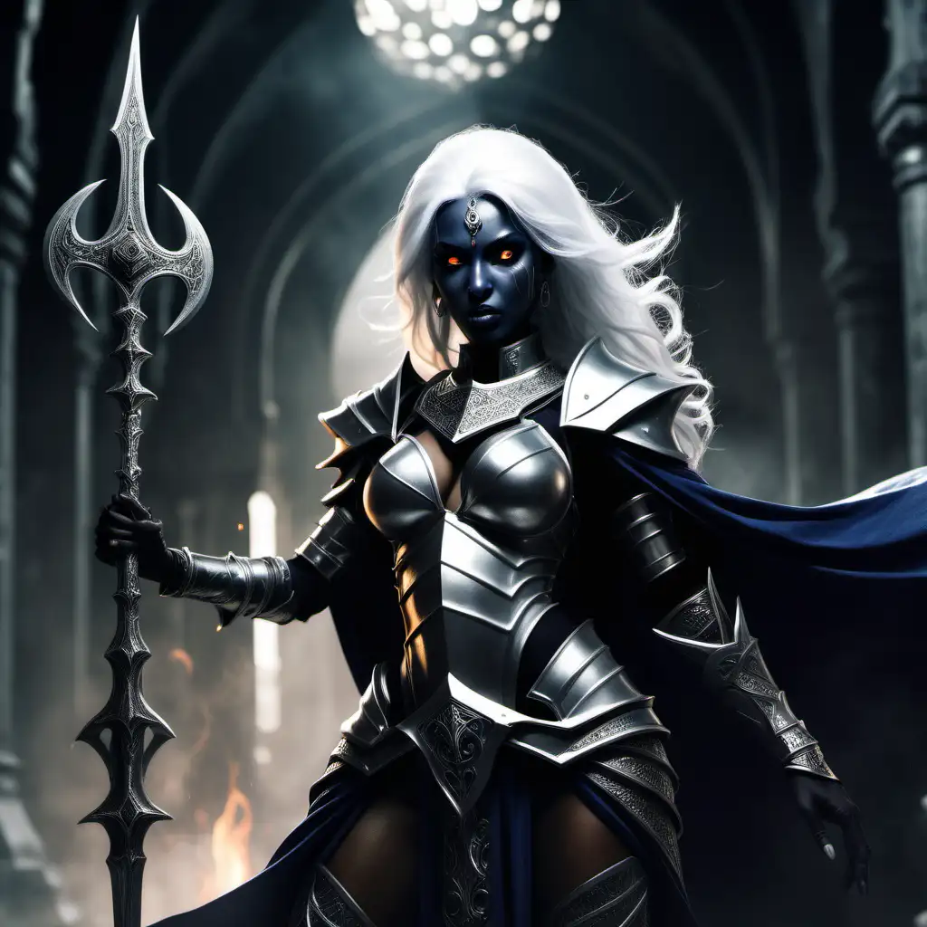 This AI-generated image features a  dystopia Knight Persian female Drow priestess as the main subject. Drow, also known as dark elves, are renowned for their mysterious and enigmatic nature.  Setting: The character is portrayed in a cyber scientist fiction setting, evoking a sense of magic and mystique. The blank background allows the focus to remain on the priestess, creating a versatile image that can be easily incorporated into various contexts. Background/Style/Coloring: The background is intentionally left blank, emphasizing the character's presence. The medieval fantasy painting style adds depth and richness to the image, capturing the essence of a world filled with mythical creatures and magic. The dark gray skin of the Persian girl  contrasts with the white hair and black armor, creating a visually striking and memorable dystopian image. Action/Items: The persian girl is depicted in a full-body pose, holding a menacing flail. This adds a dynamic element to the image, suggesting a readiness for action. The flail itself contributes to the character's identity, symbolizing strength and prowess in combat. Costume/Appearance/Accessories: The Drow  is adorned in Persian armor, reflecting her affiliation with the dark and mysterious. Her white hair provides a captivating contrast to the dark tones of her skin and armor. The choice of a flail as her weapon not only adds a dangerous edge but also reinforces her role as a formidable warrior
