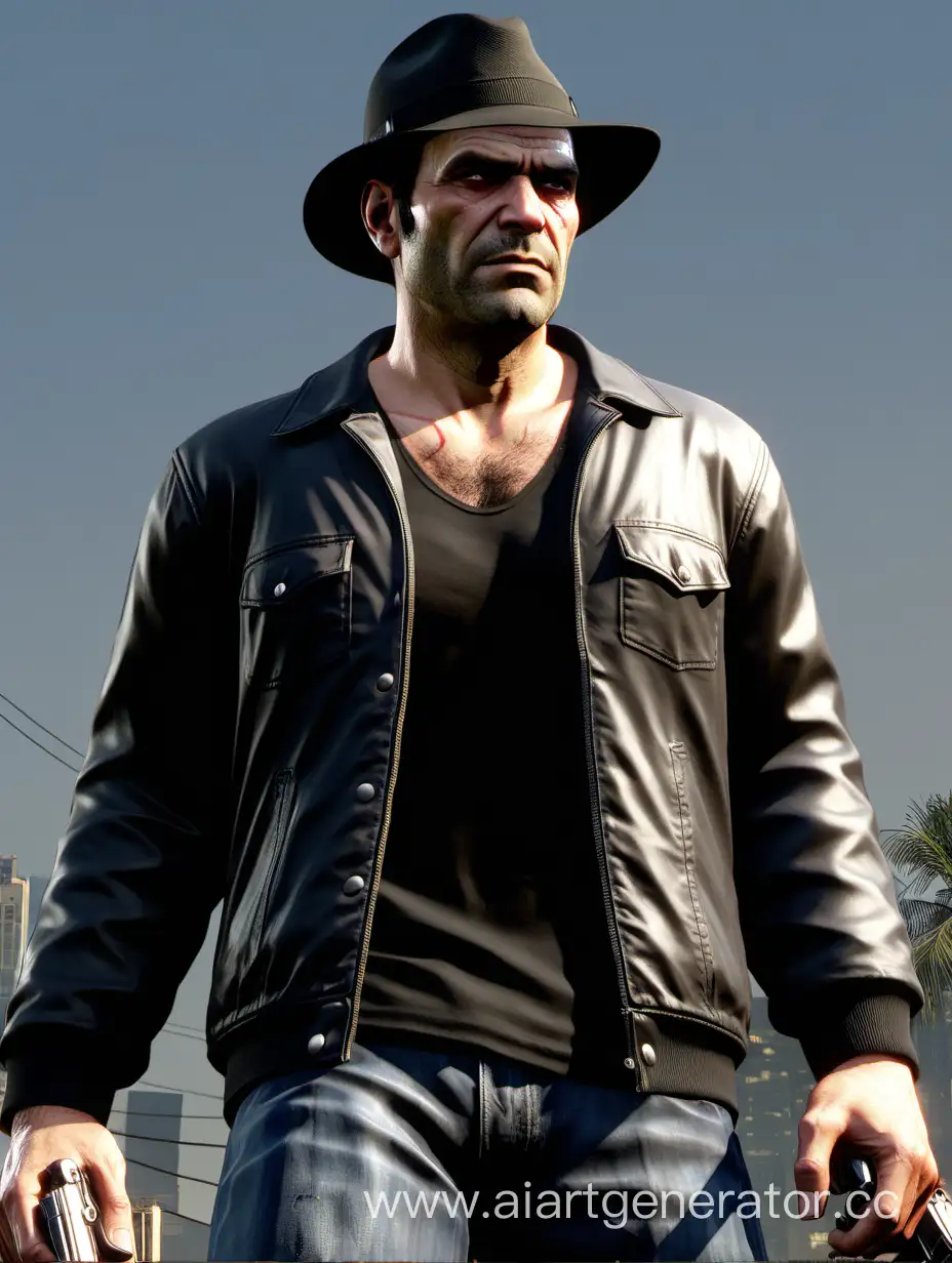 Тревор Филипс из GTA V в чёрной шляпе с широкими  полями в чёрной футболке и сверху чёрный пиджак
