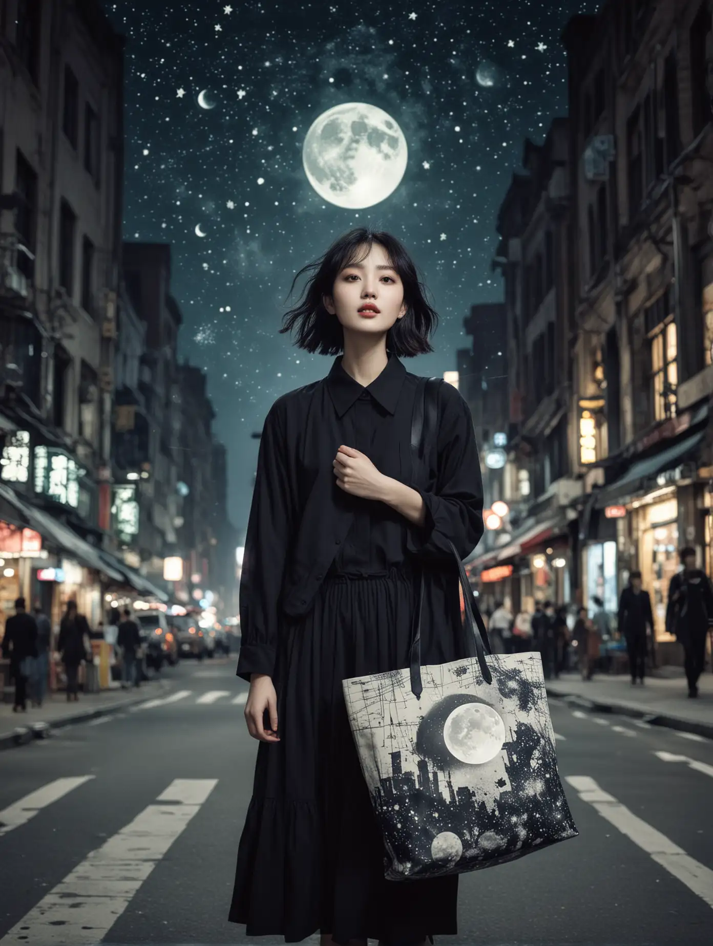 [Modern Gao Yuanyuan, Shanghai fashion, black shopper bag held with a sense of momentum, posing dynamically on a bustling Shanghai street ] dreamy lo-fi photography adds a whimsical touch, high contrast and saturation, while vibrant colors and the presence of scribbles evokes a sense of mystery. The moon and stars in the background illuminate the scene, creating a truly enchanting image. Emphasis on mixed media collage