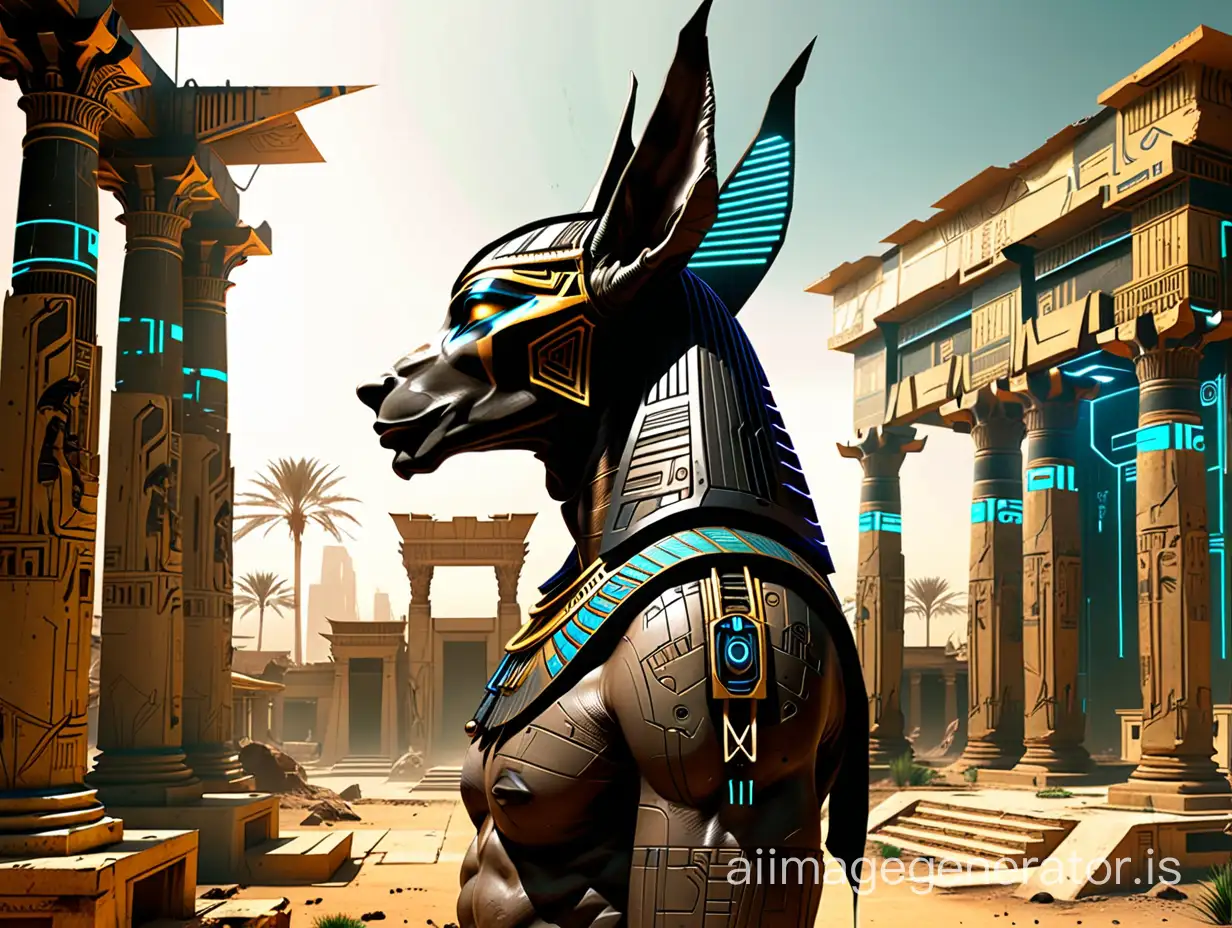 Cyberpunk-Anubis-Guarding-Ancient-Temple-in-Futuristic-Landscape