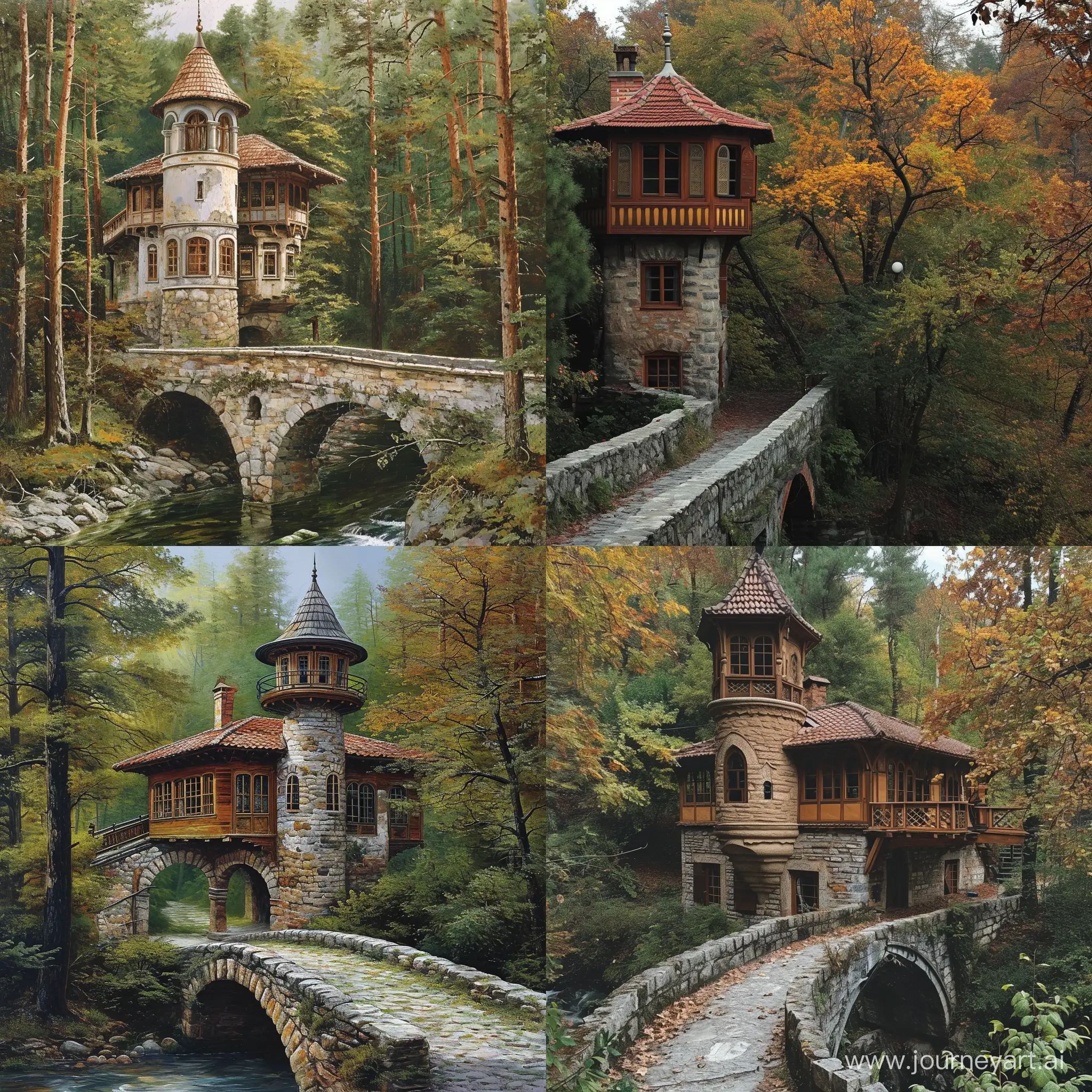 orman içinde taş köprü üzerine köşesinde kulesi olan türk evi
