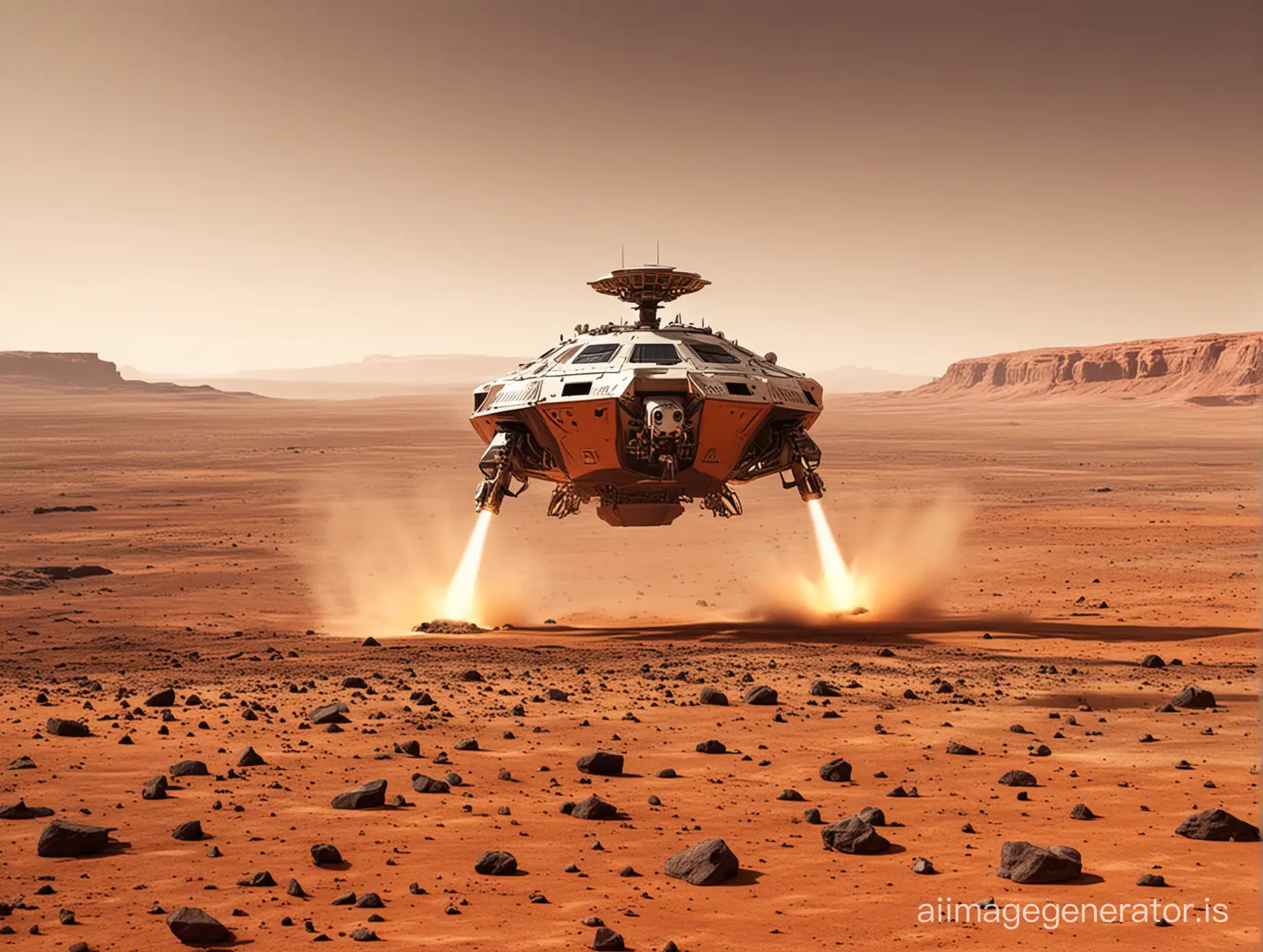 A space ship landing on mars