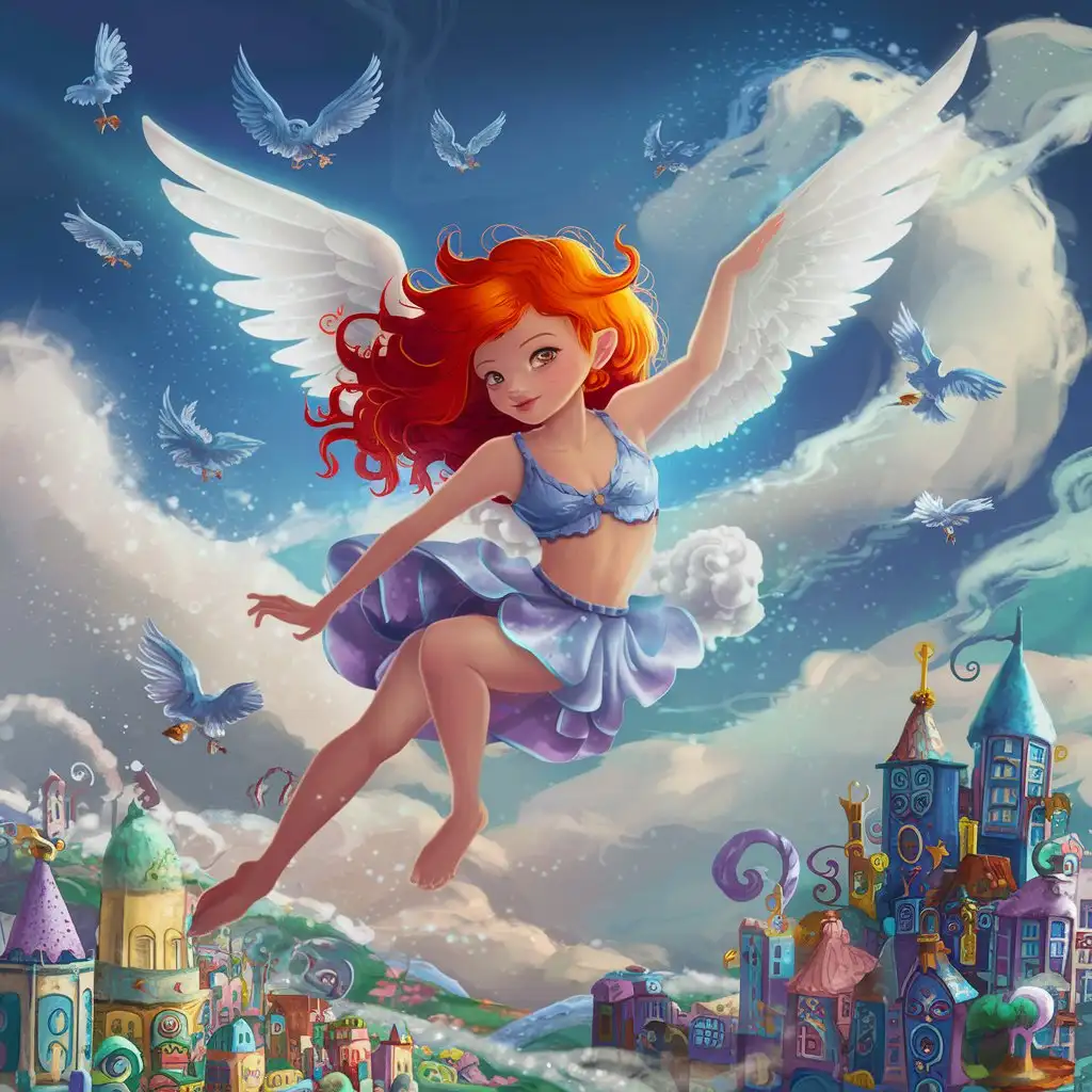 Рыжая девушка с крыльями летит в белых облаках с птицами над сказочным городом