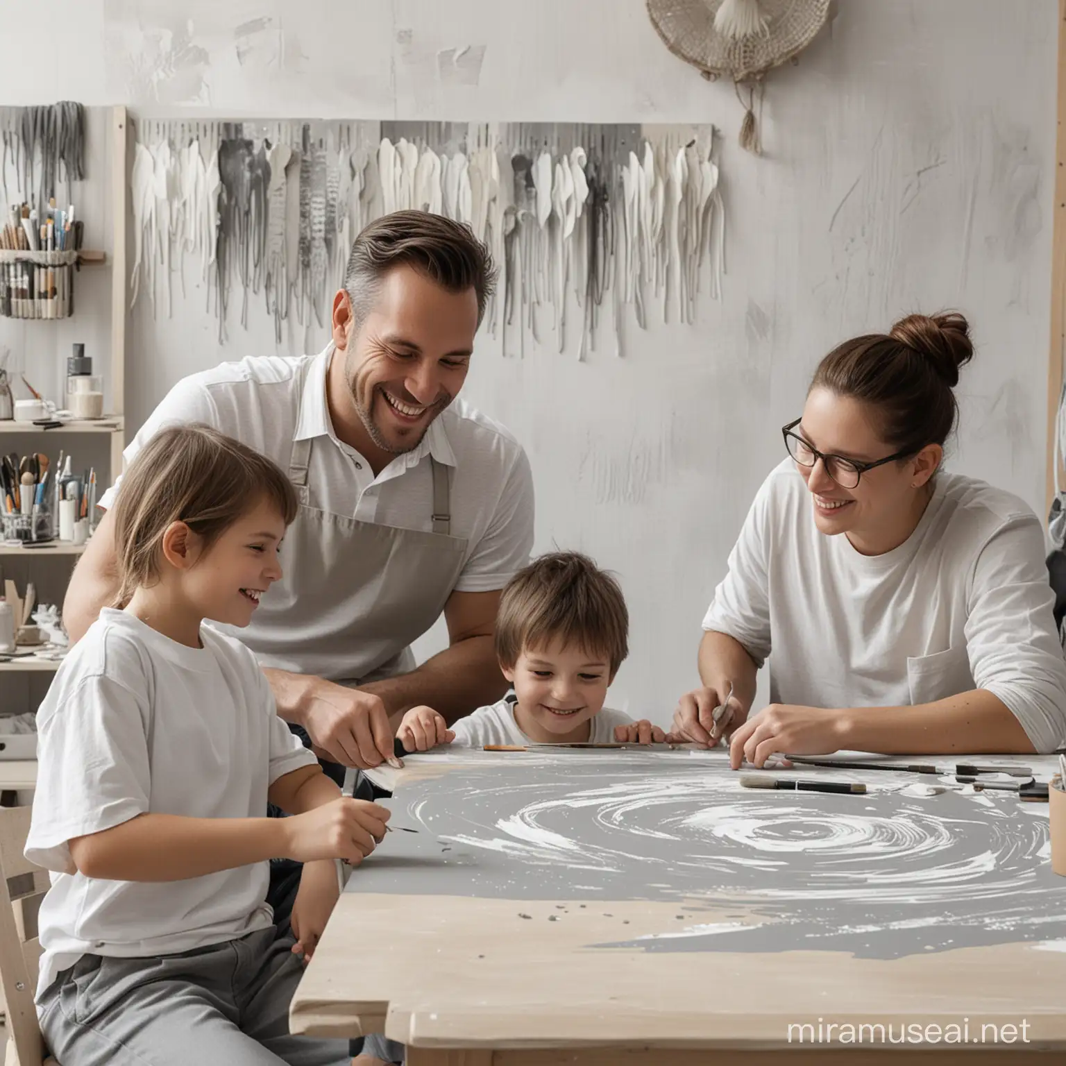  женщина, мужчина и ребенок, художники, сидят за столом с кисточкой и улыбаются. мастерская оформлена в серо-белых тонах