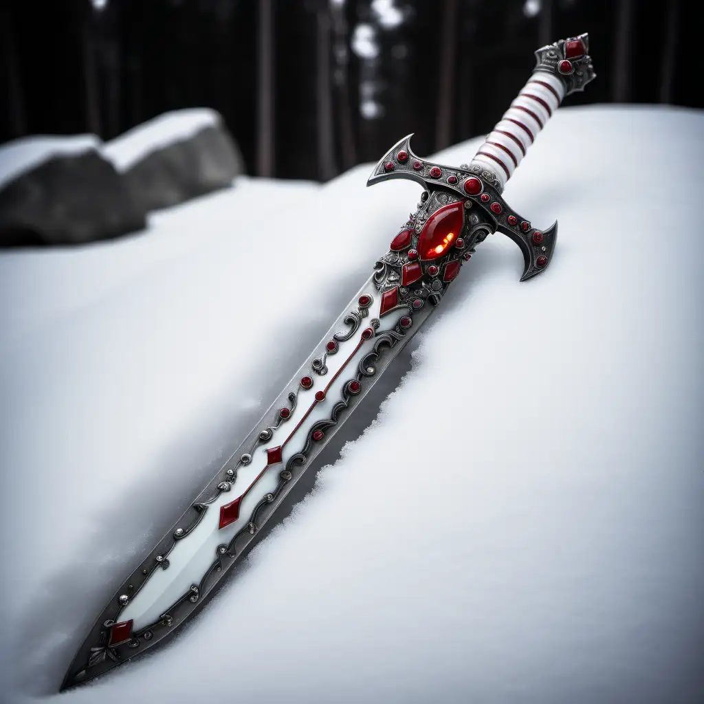 a white scabbard adorned with crimson gems and clear crystals resting in the snow on a dark, snowy background