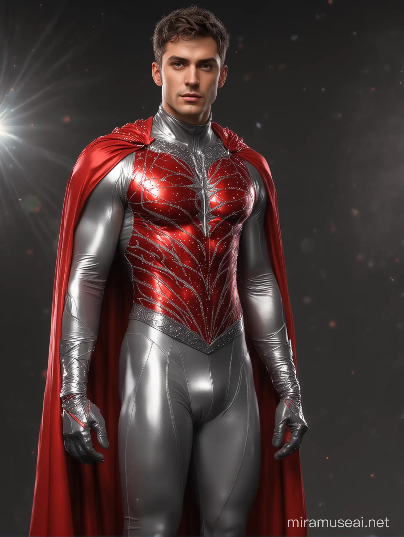 Full full body photorealistic ultra realism high definition aesthetic stabilized diffusion picture of handsome hunky fractal clean shaven  Zayne as celestial Islaw, wearing Very red and silver sparkling biomorphic transparent overall tight fit spandex and gloves.. red cape, standing in with hand on the hips.