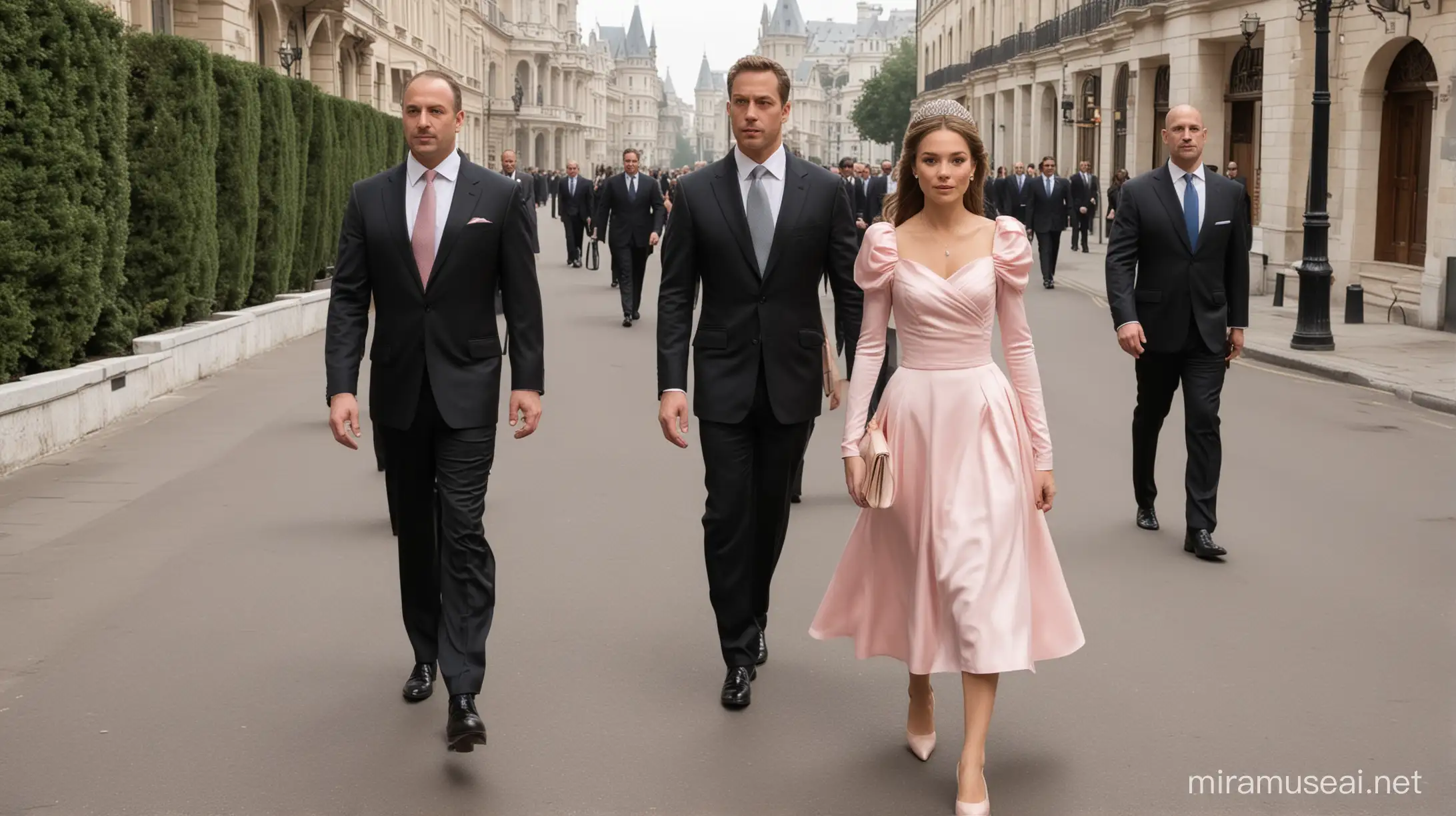 Royal Princess Walking with Bodyguards in Majestic Courtyard