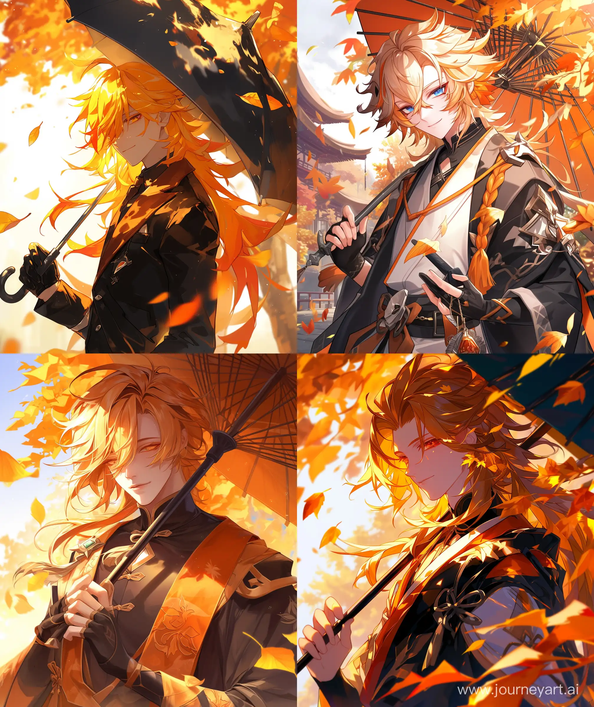 genshin impact game style, handsome character, white skinned, slim figure, sweet faced men,nature wind power, orange yellow hair, long hair, nature have a breeze blowing, leaves blowing wild, natural Christmas place, precisionist lines, young men, hold black orange umbrella. Navia character in game genshin impact, autumn day , --ar 27:32 --niji 6 