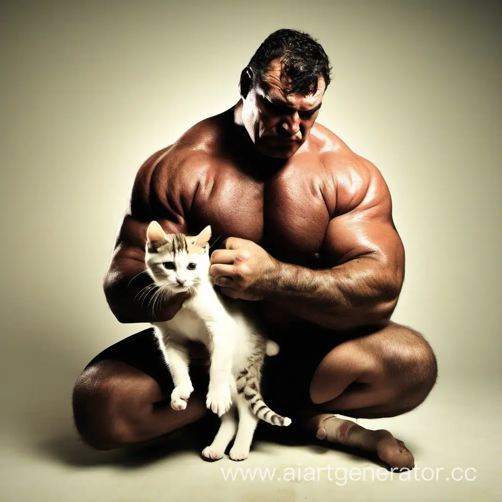 Muscular-Wrestler-Tenderly-Caresses-Tiny-Kitten