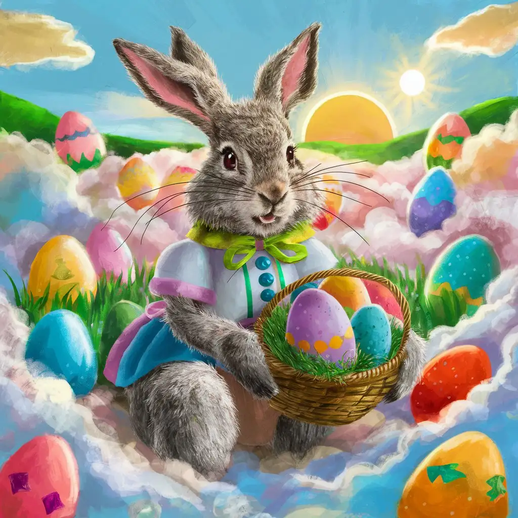 easter Easter hare with painted eggs standing on clouds