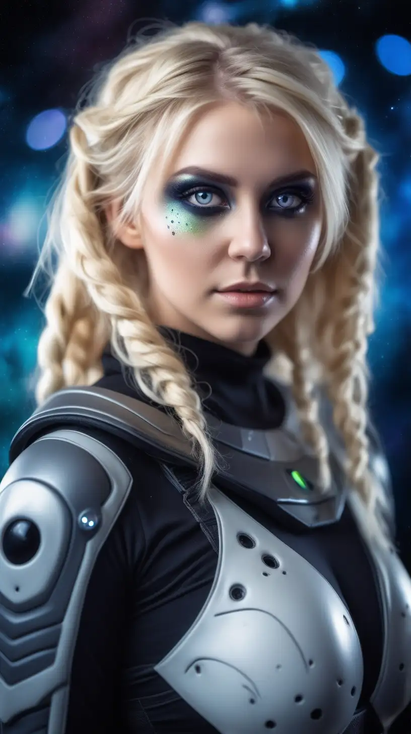 Beautiful Nordic woman, very attractive face, detailed eyes, big breasts, dark eye shadow, messy blonde hair, wearing a alien cosplay outfit, close up, bokeh background, soft light on face, rim lighting, facing away from camera, looking back over her shoulder, with a galaxy in the background, photorealistic, very high detail, extra wide photo, full body photo, aerial photo