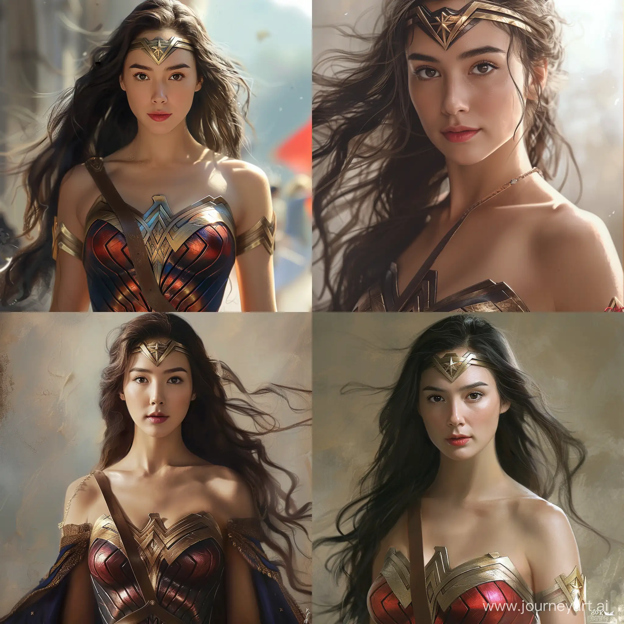 Wonder Woman Dress up, Delicate Smooth female, bust Portrait, Asian actress face, super Clear facial details, elegant, realistic: 1, Perspective, highly detailed, digital painting, art station, concept art, Smooth, Sharp focus, illustration, 8k 