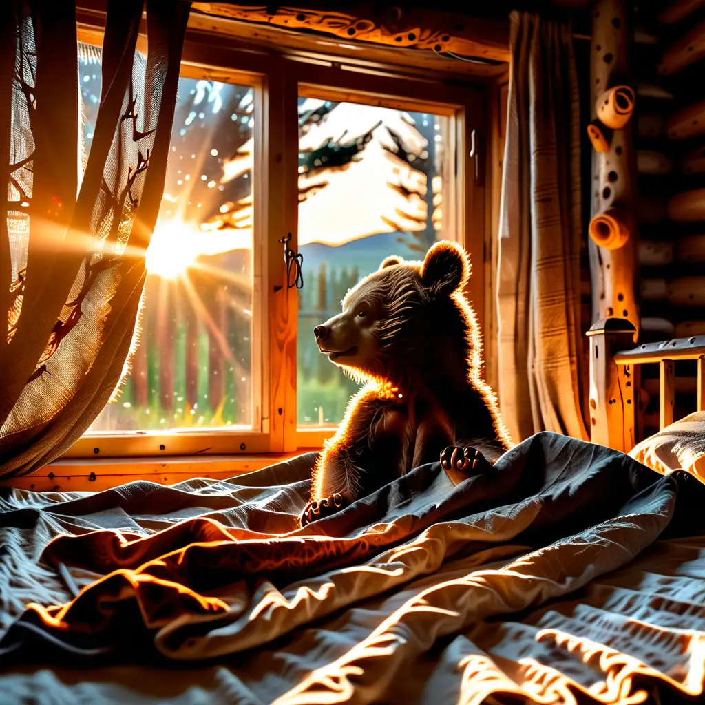 Baby bear in bed waking up, blanket over him, stretching his front legs, wooden rustic home, sunrise coming through rhe window