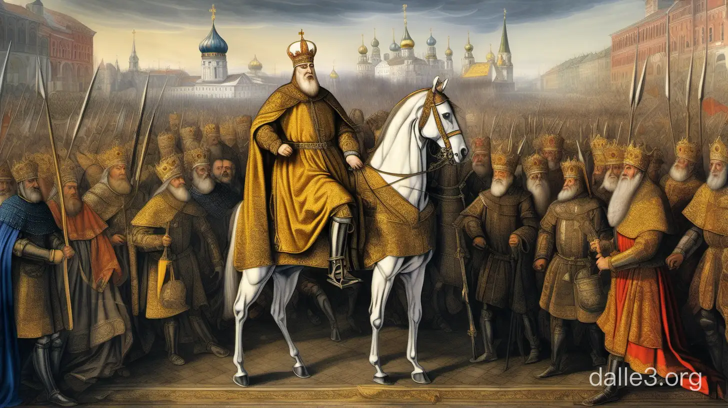 Ивана 3 становится царем единой Руси 15 век,атмосфера Руси 15 века, вокруг него люди без корон, картинка как в учебнике истории, сочная картинка, 16K HDR, хорошо прорисованный